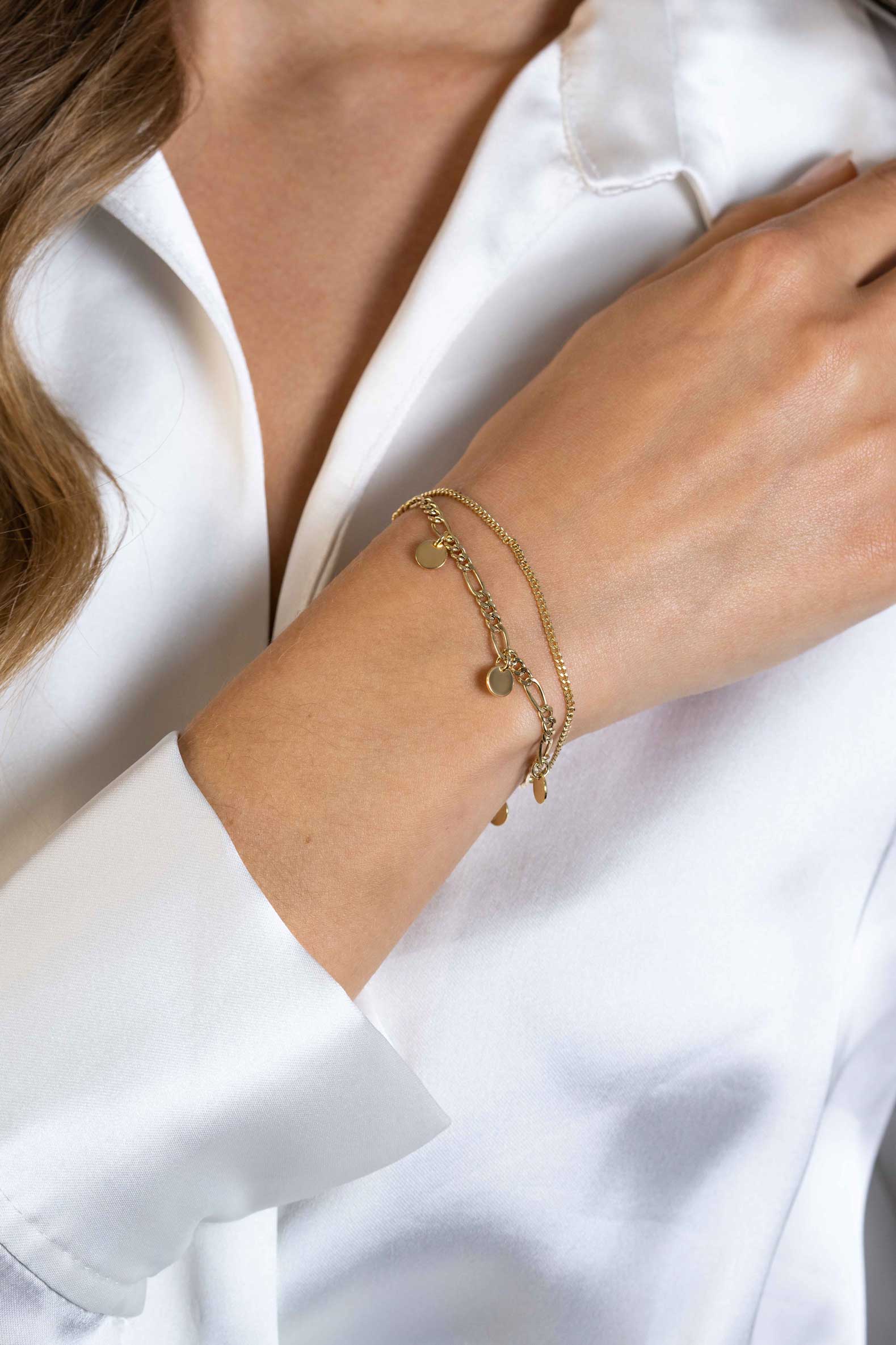 ZINZI gold plated zilveren multi-look armband met gourmet en figaro schakels met 5 ronde plaatjes ZIA2368