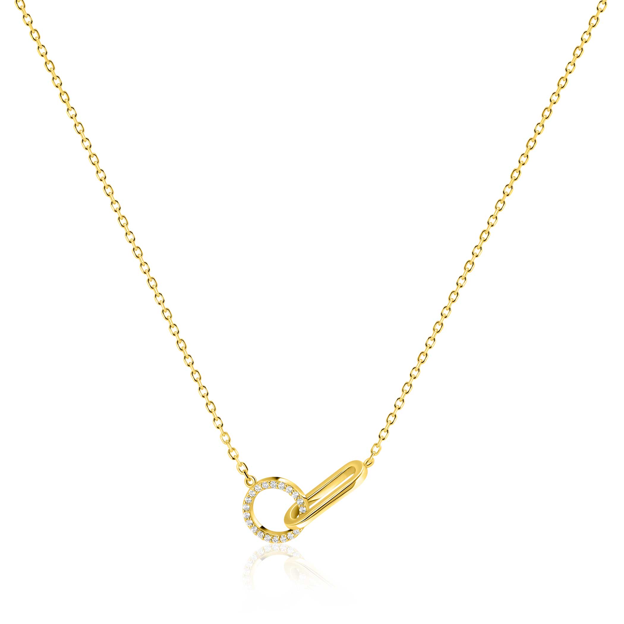 ZINZI gold plated zilveren ketting 45cm met twee verbonden schakels, bezet met witte zirkonia's ZIC2809