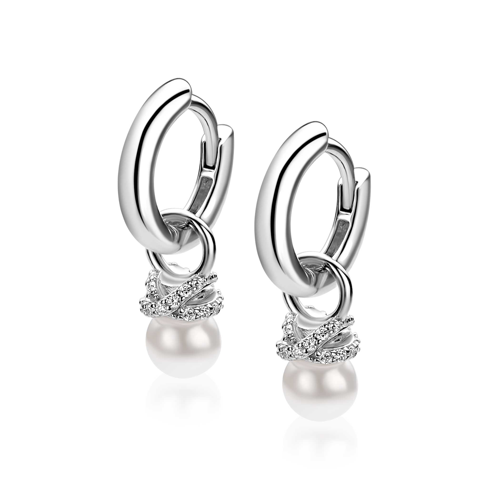 8mm ZINZI zilveren oorbedels met een witte parel en een strikvormige zetting bezet met witte zirkonia’s ZICH2863 (zonder oorringen)