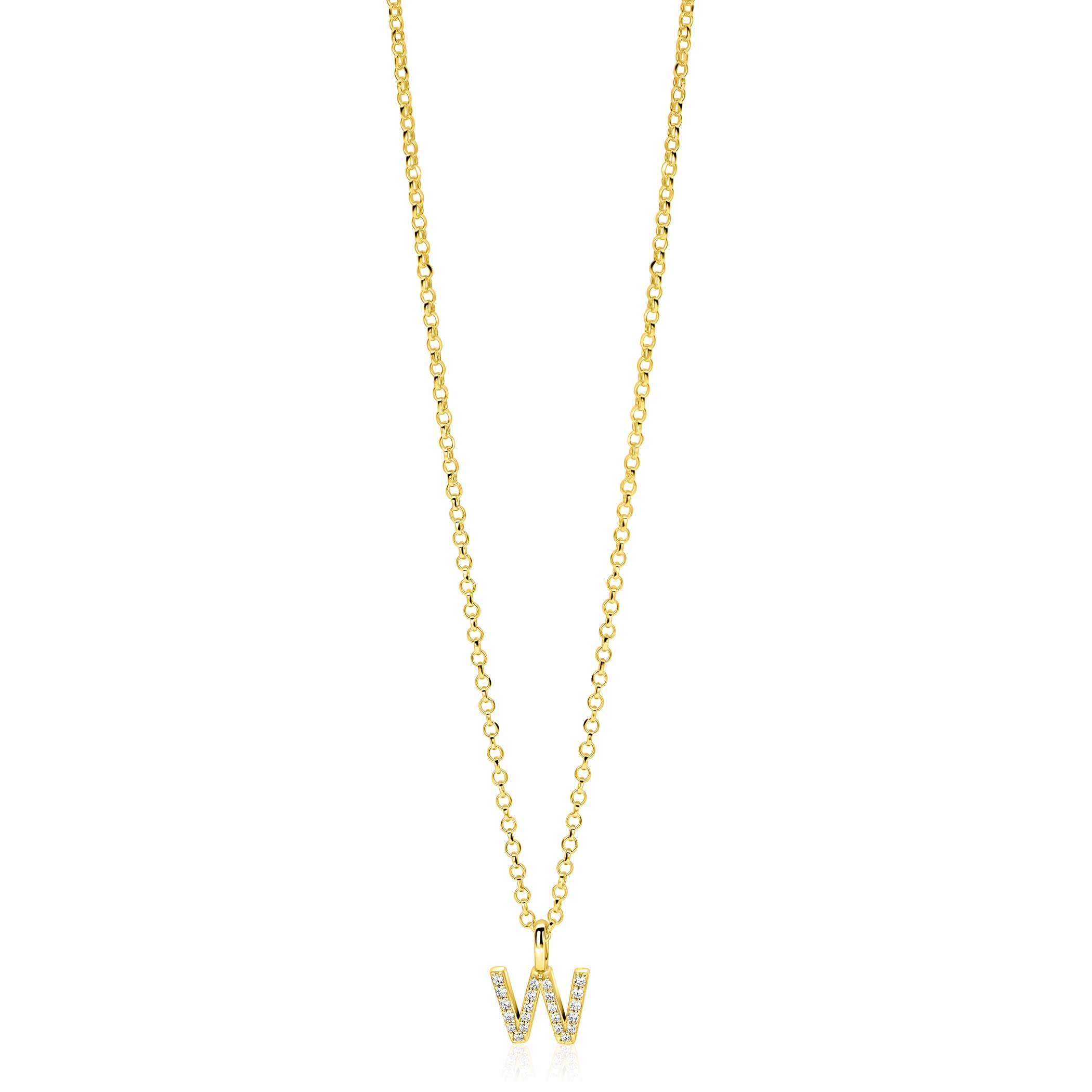 ZINZI gold plated zilveren letter hanger W bezet met witte zirkonia's ZIH2828-W (zonder ketting)