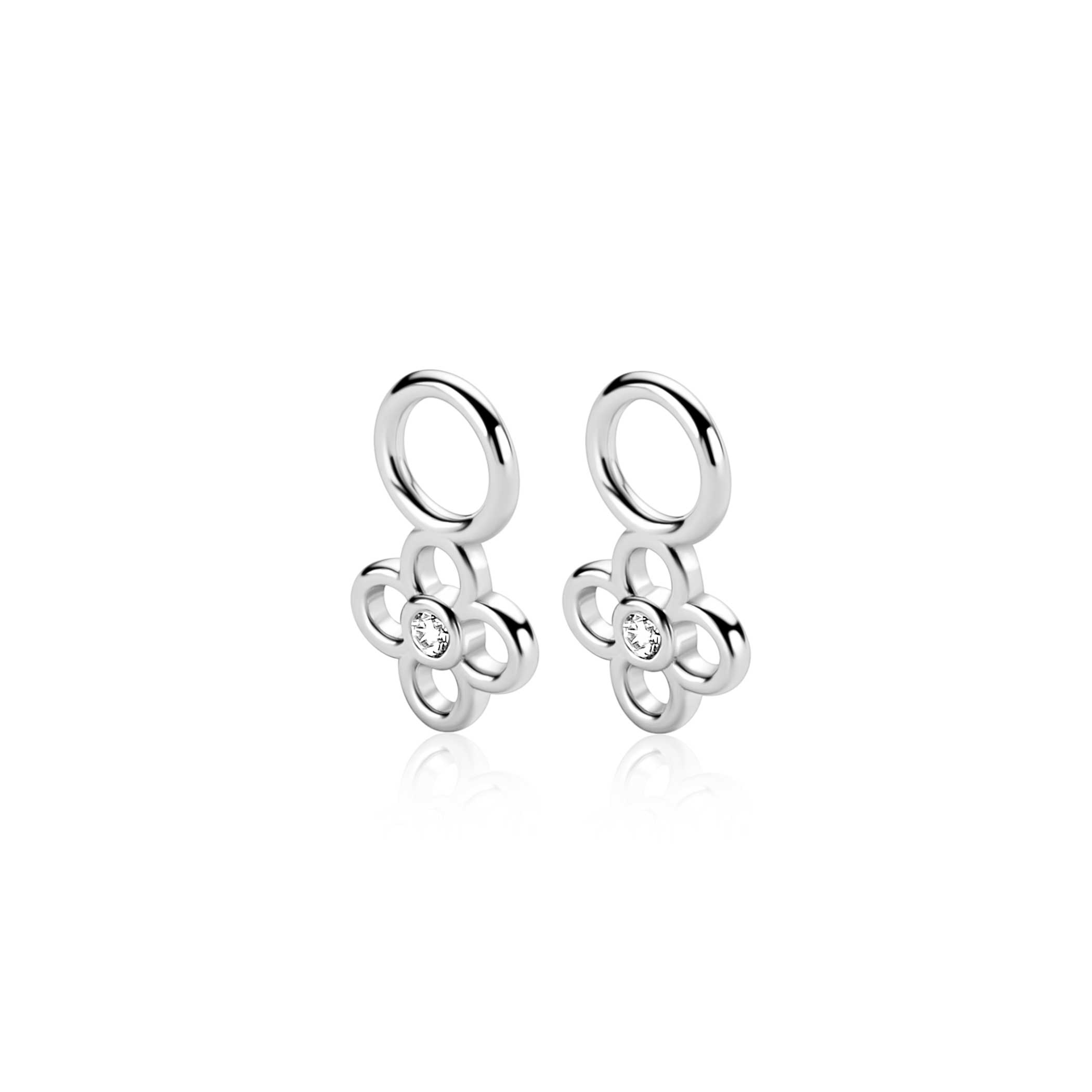 7mm ZINZI zilveren oorbedel in open klaver vier vorm, bezet met een witte zirkonia in het midden ZICH2885 (zonder oorringen)