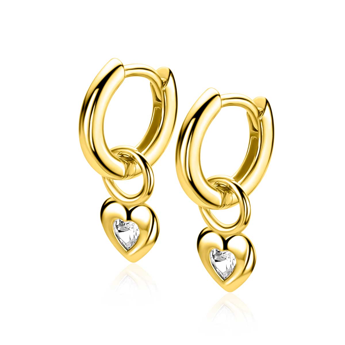 7mm ZINZI gold plated zilveren oorbedels met een glad hartje, bezet met een hartvormige witte zirkonia ZICH2886Y (zonder oorringen)