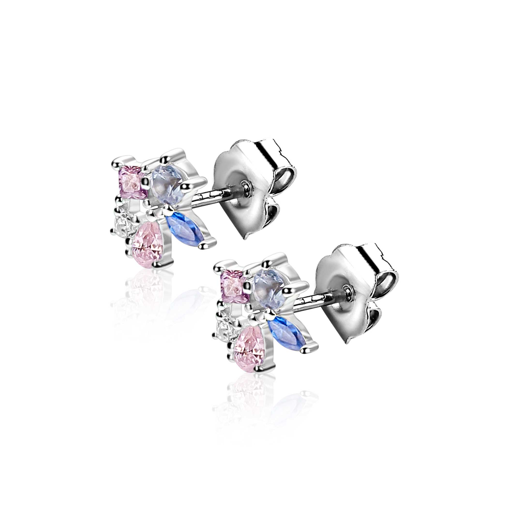 8mm ZINZI zilveren oorstekers bezet met een speelse combinatie van witte, roze, paarse en blauwe kleurstenen in verschillende slijpvormen ZIO2866