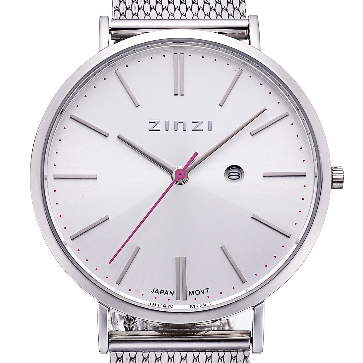 Zinzi Retro horloge zilvergekleurde wijzerplaat en kast stalen mesh band 38mm extra dun ZIW402M
