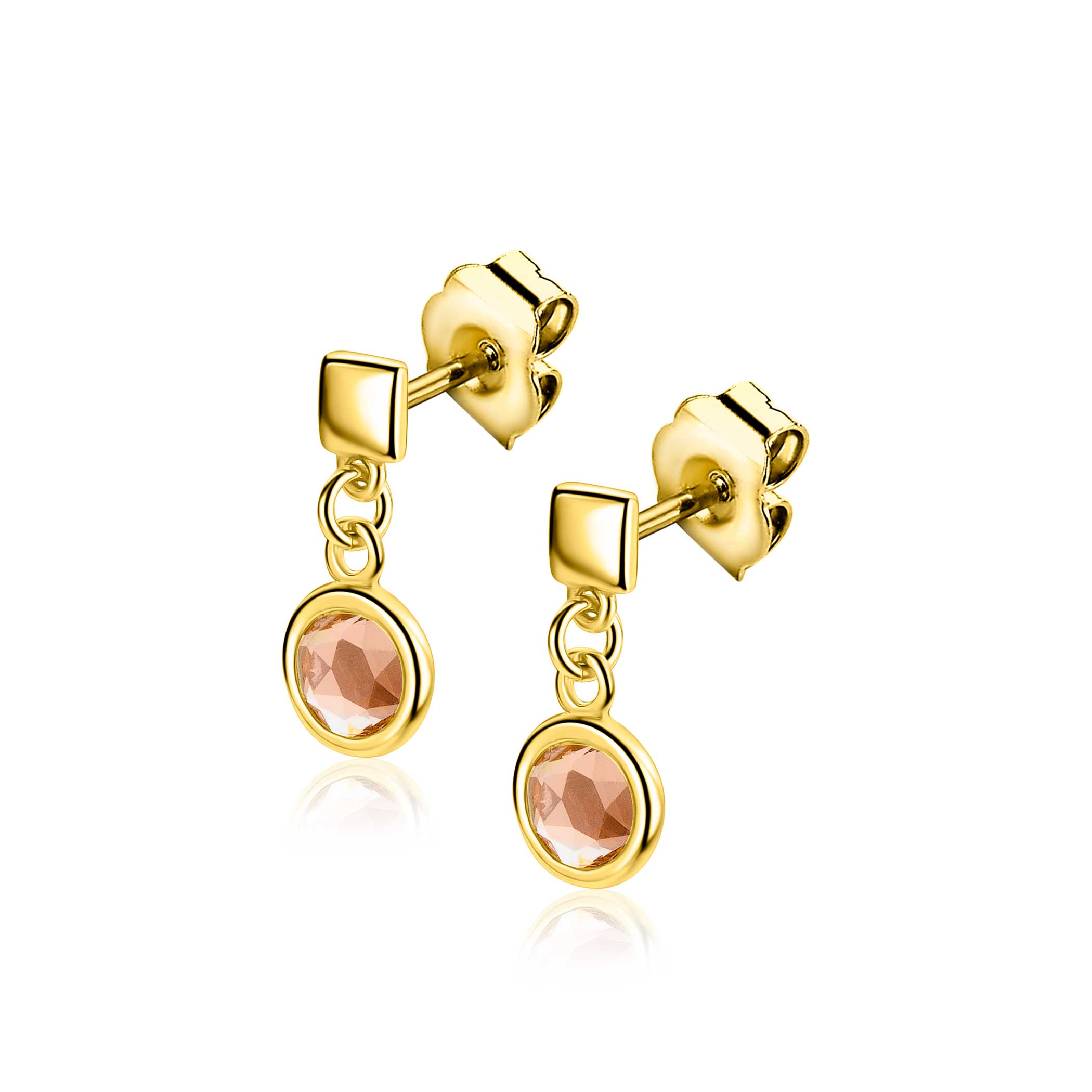 16mm ZINZI gold plated zilveren oorstekers met een vierkante gladde stud en een hangende ronde champagnekleurige zirkonia ZIO2907