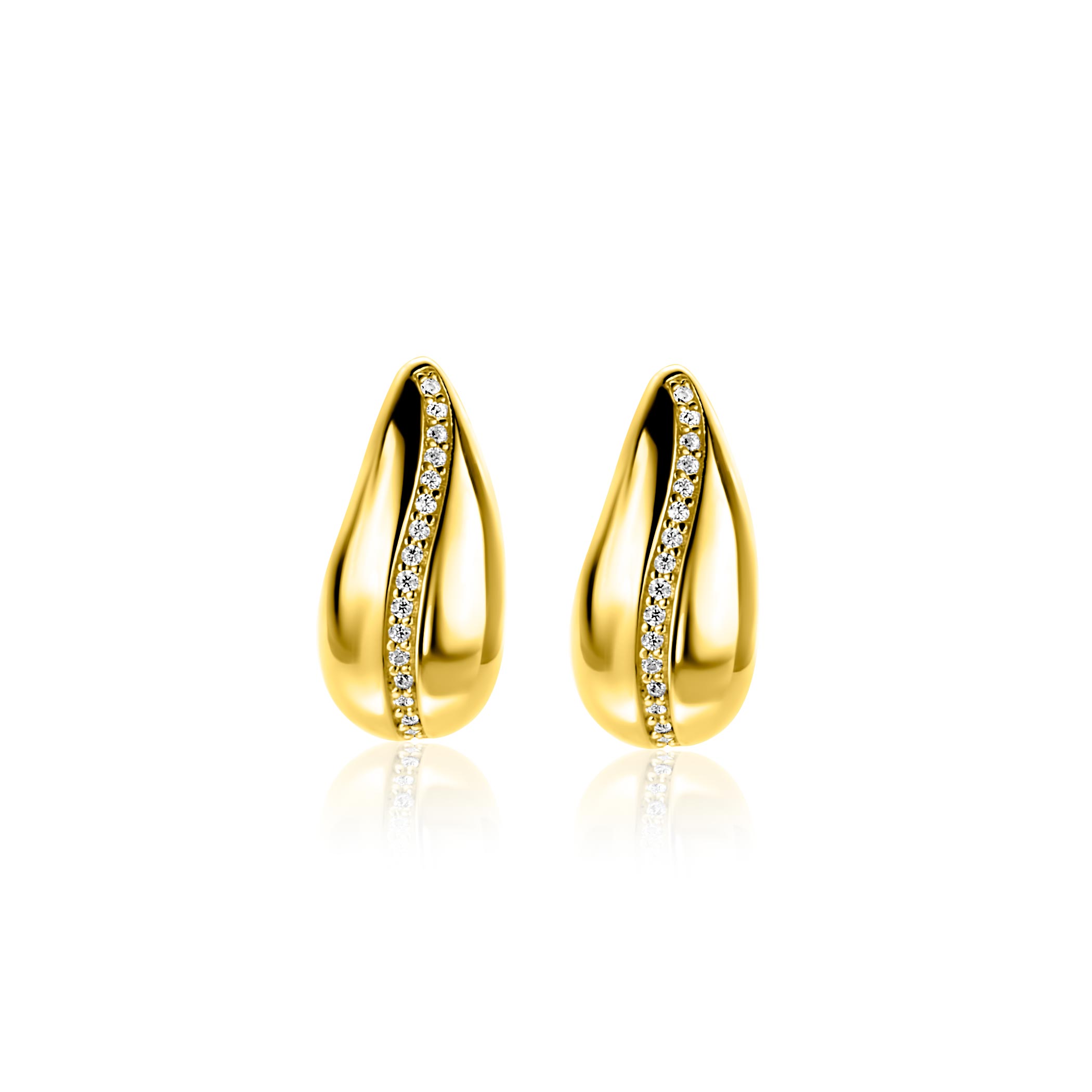 17mm ZINZI gold plated zilveren oorstekers in druppelvorm met golvende rij witte zirkonia's ZIO2707Y