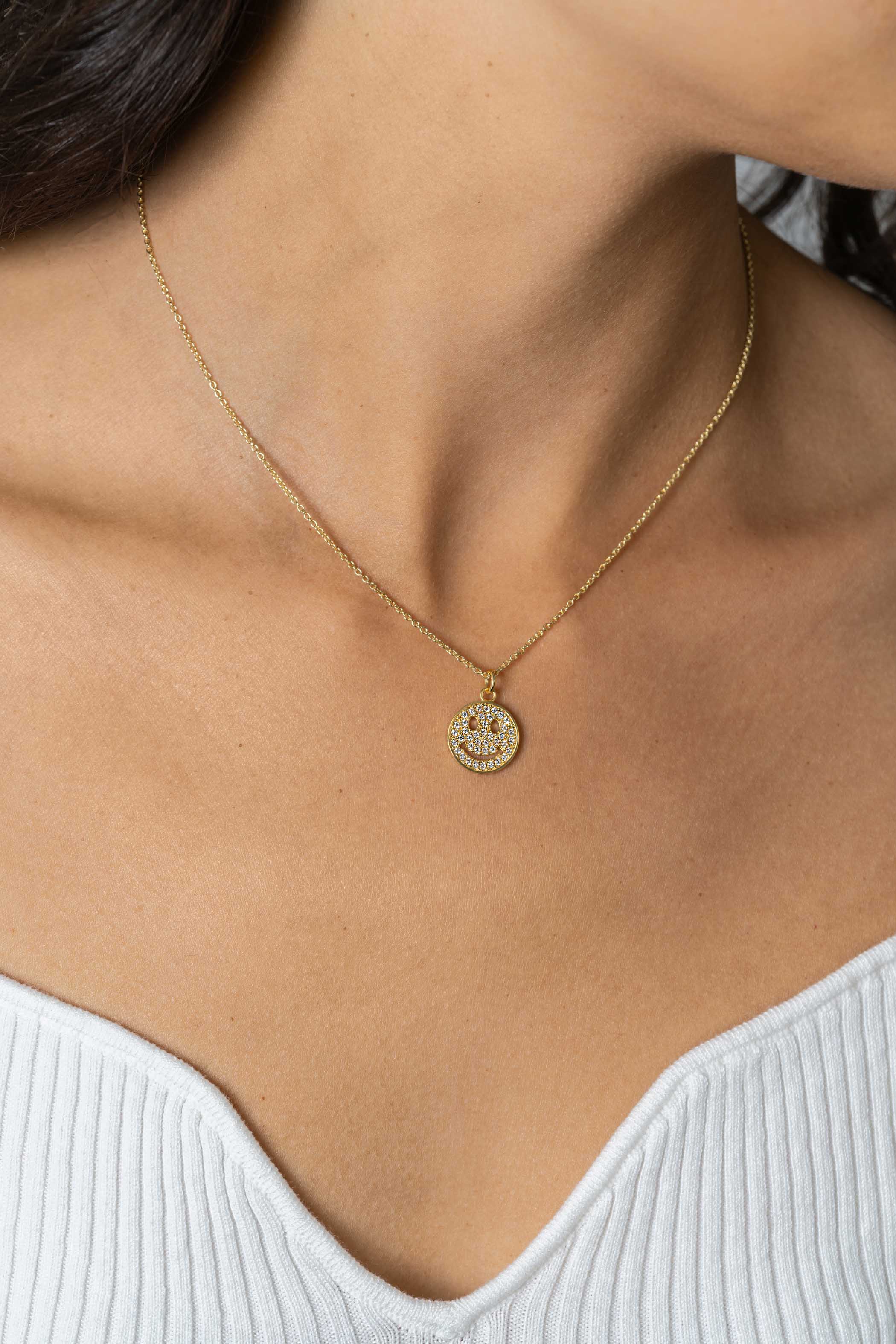 ZINZI gold plated zilveren hanger smiley rond 15mm met witte zirconia's ZIH2313Y (zonder collier)