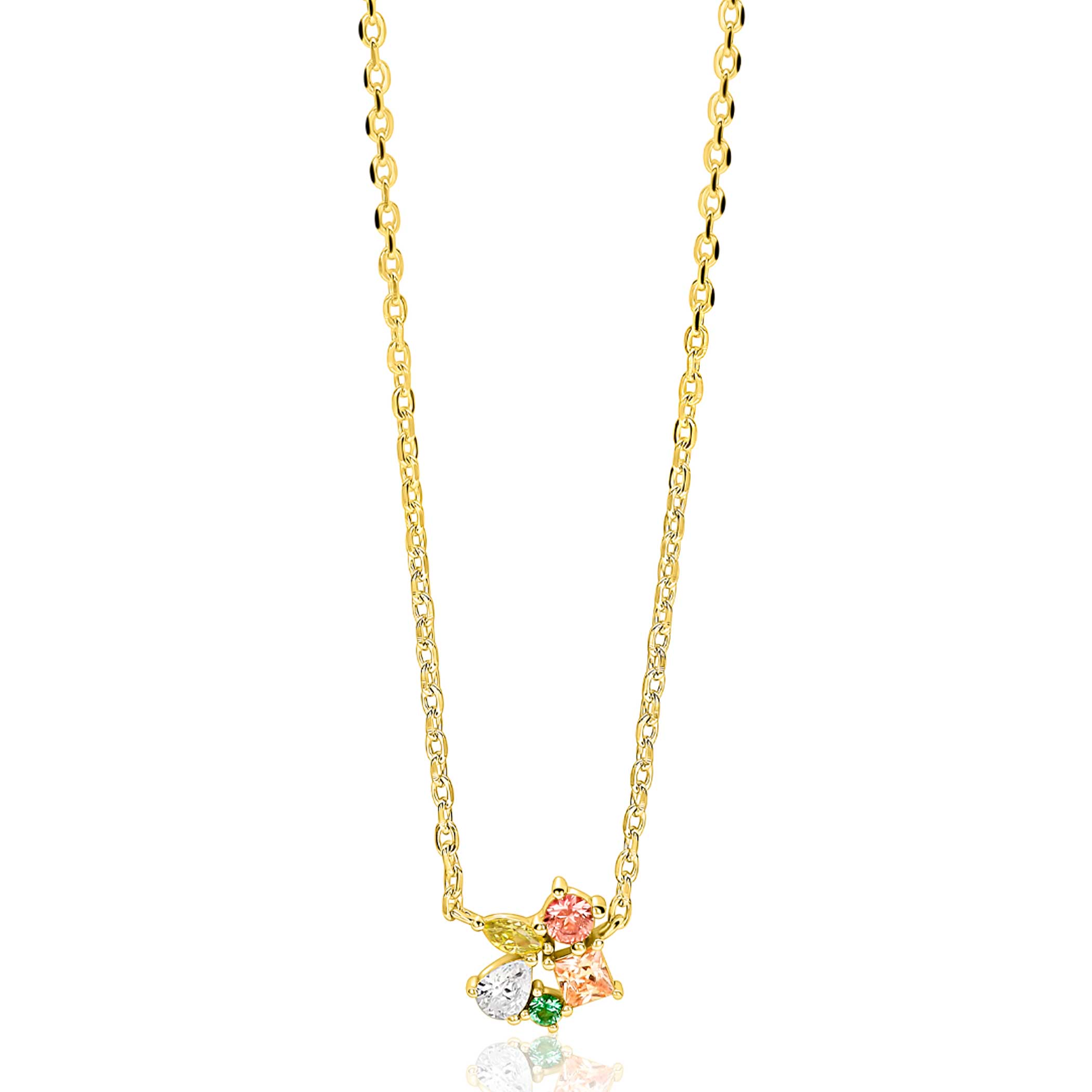 ZINZI gold plated zilveren ketting met speelse hanger (8mm) bezet met een mooie combinatie van bruine, groene en witte kleurstenen in verschillende slijpvormen 42-45cm ZIC2867