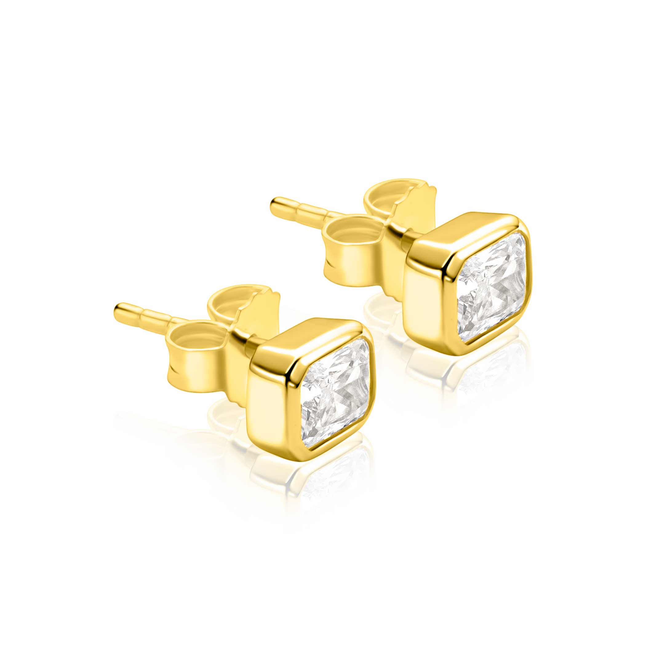 7mm ZINZI gold plated zilveren oorstekers met rechthoekige gladde kastzetting bezet met een witte zirkonia ZIO2899