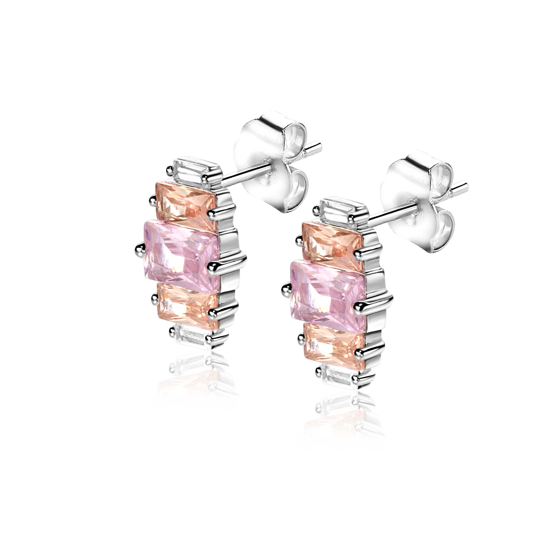13mm ZINZI zilveren oorstekers baguette geslepen zirconia's wit, champagne en roze ZIO2490