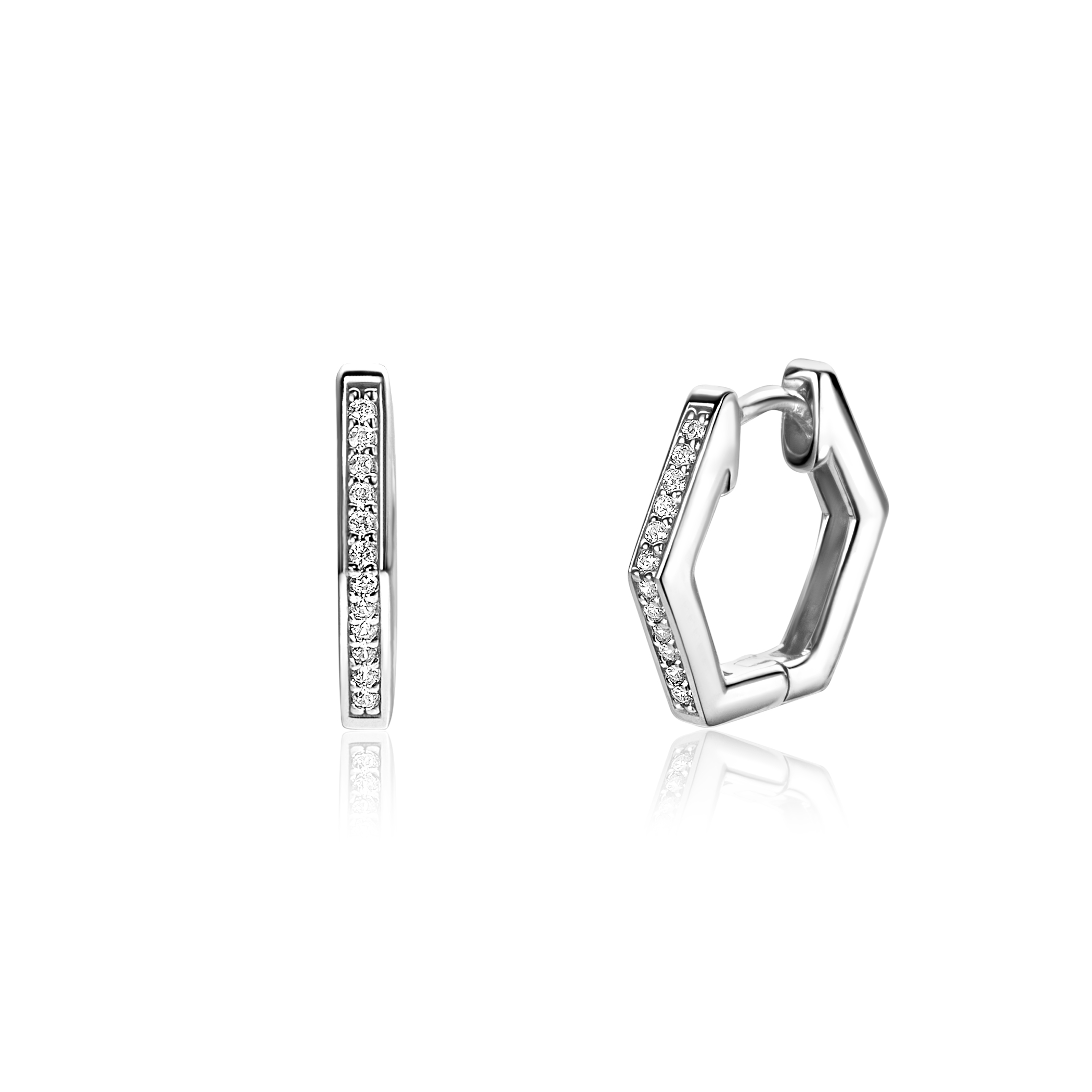 15mm ZINZI zilveren oorringen in leuke hexagon vorm bezet met witte zirconia's, met luxe klapsluiting 15x2mm ZIO2433