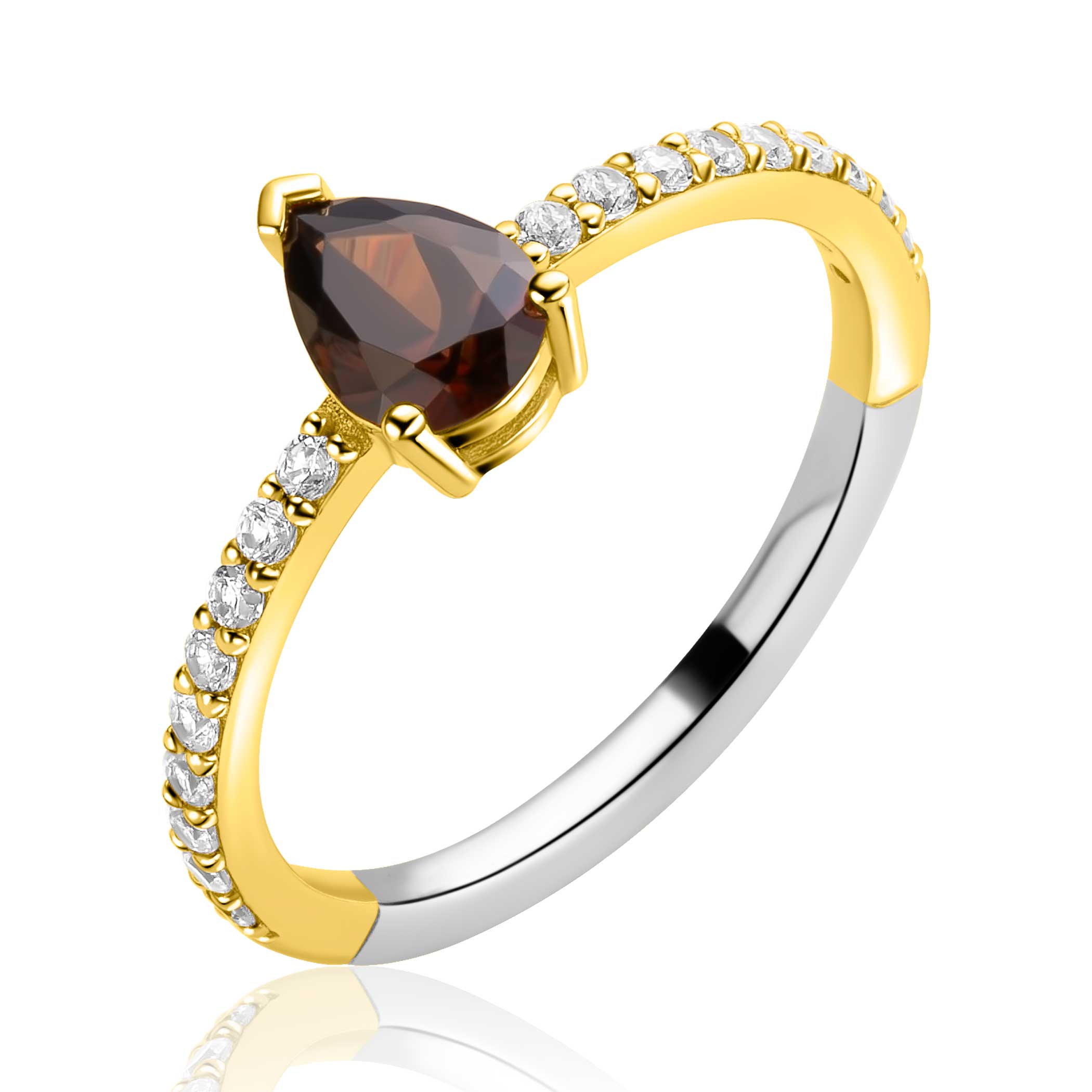 ZINZI goldplated zilveren ring met bruine druppelvormige kleursteen en rijzetting bezet met witte zirconia's ZIR2804