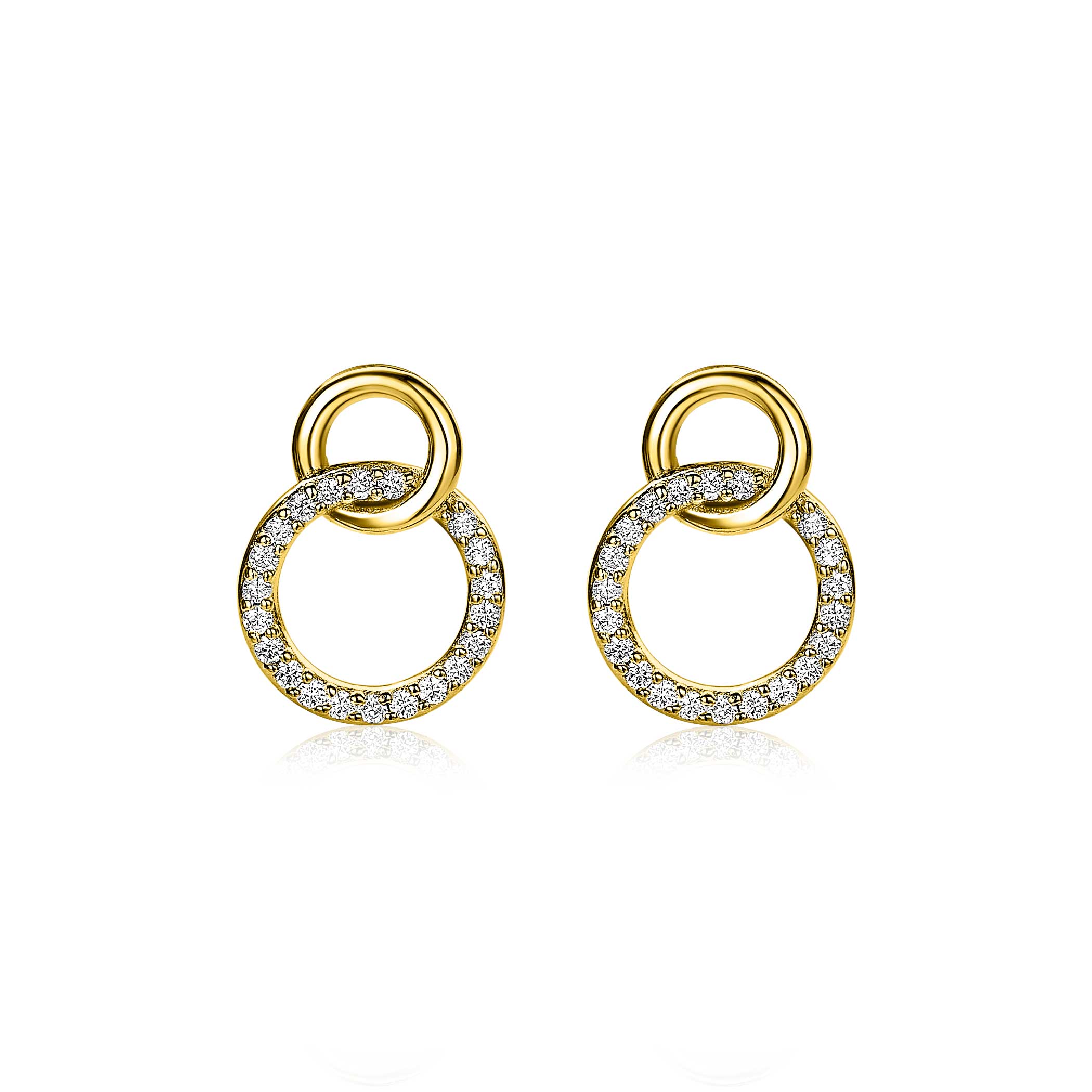 15mm ZINZI gold plated zilveren oorknoppen twee open rondjes verbonden en witte zirkonia's ZIO1782Y