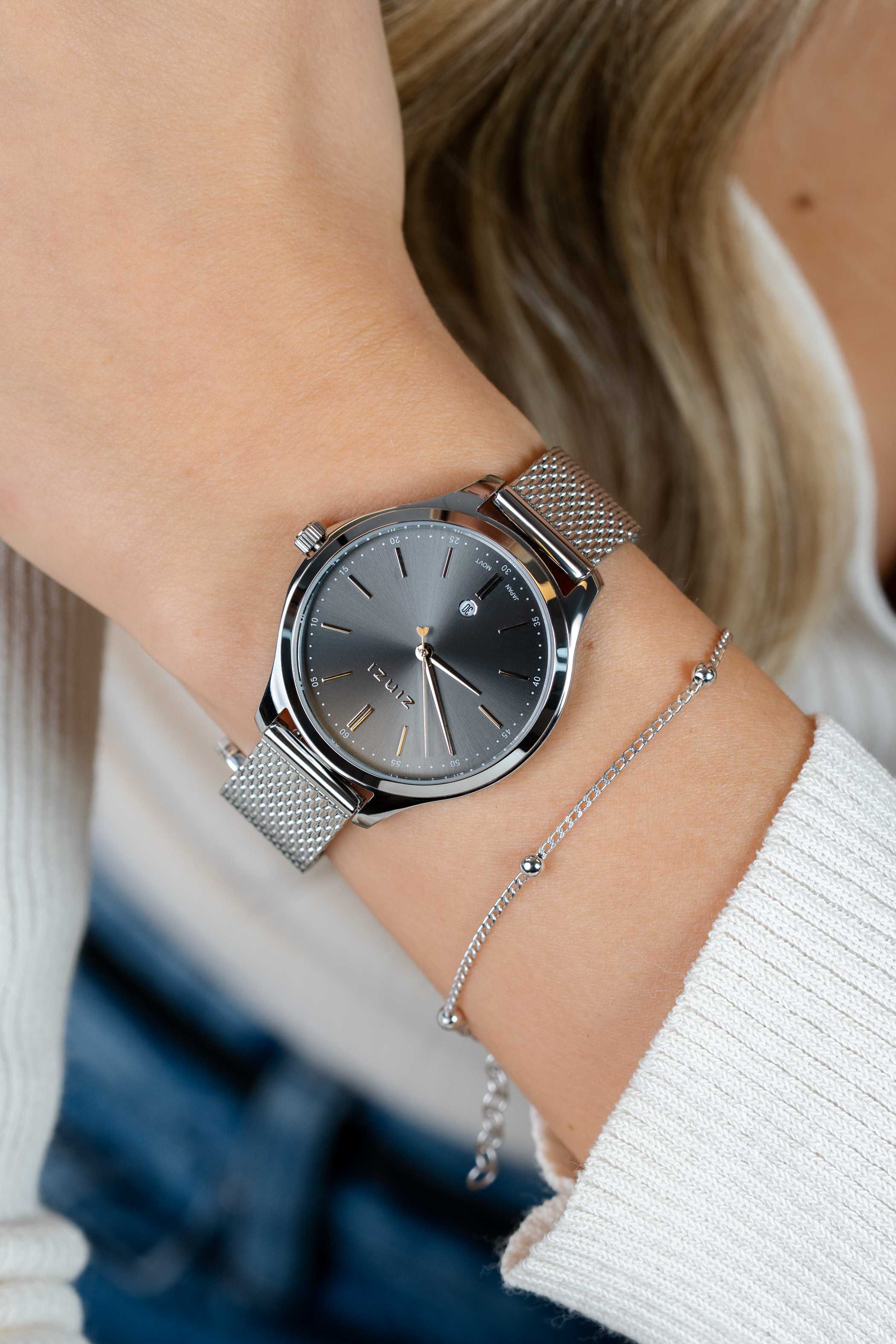 ZINZI Classy horloge 34mm grijze wijzerplaat stalen kast en meshband, datum ZIW1024M
