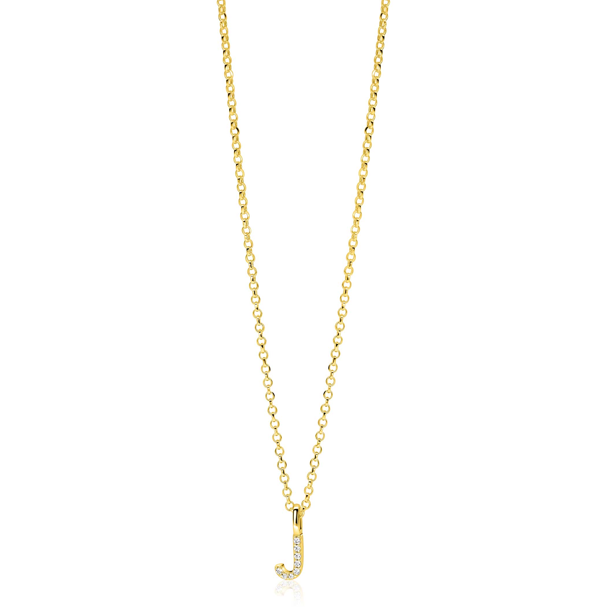 ZINZI gold plated zilveren letter hanger J bezet met witte zirkonia's ZIH2828-J (zonder ketting)