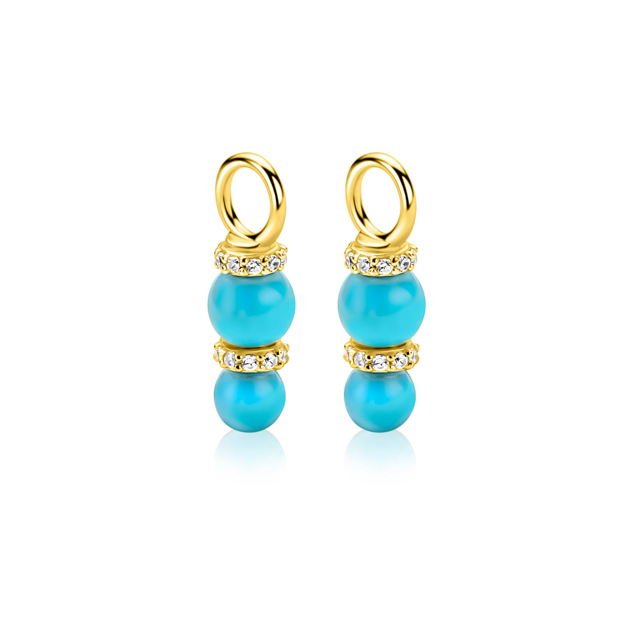 16mm ZINZI gold plated zilveren oorbedels met twee turquoise parels onder elkaar waarbij de top is bezet met witte zirconia's ZICH2864T (zonder oorringen)