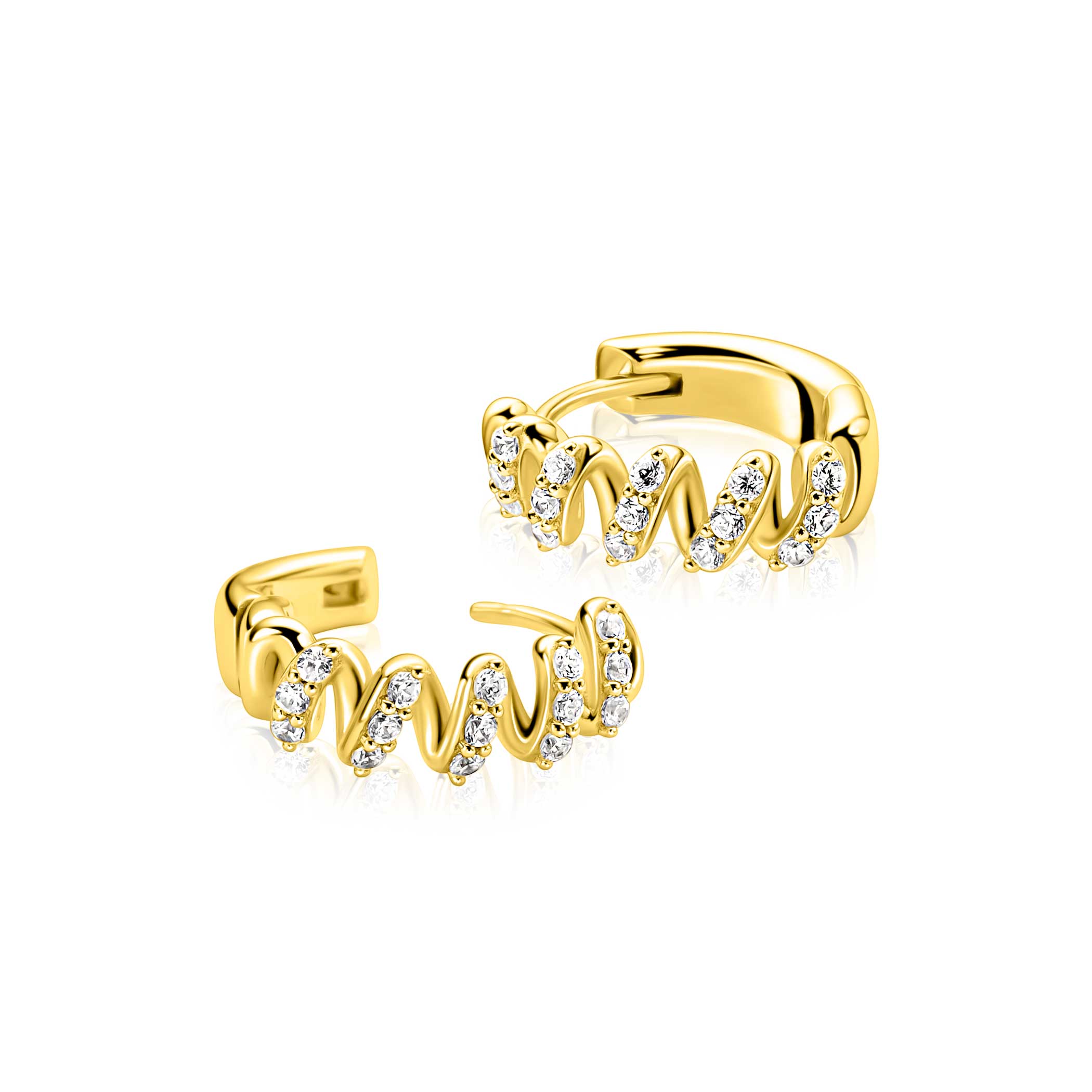 16mm ZINZI gold plated zilveren oorringen met een sierlijk open golvend design, bezet met witte zirkonia’s, luxe klapsluiting ZIO2877Y