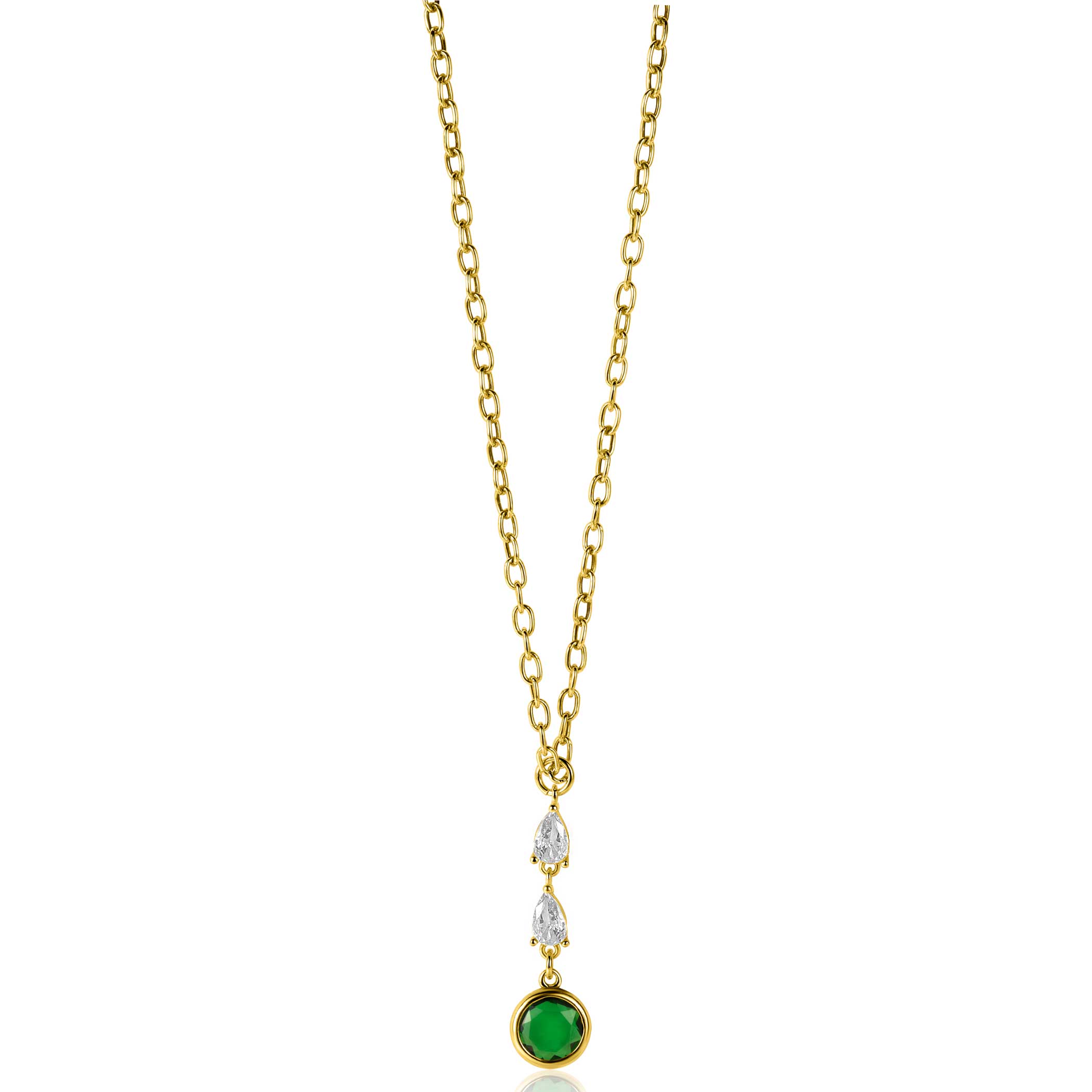 ZINZI gold plated zilveren schakelketting met hanger (31mm) bezet met twee peervormige witte zirconia's en een ronde groene kleursteen 40-45cm ZIC-BF69G