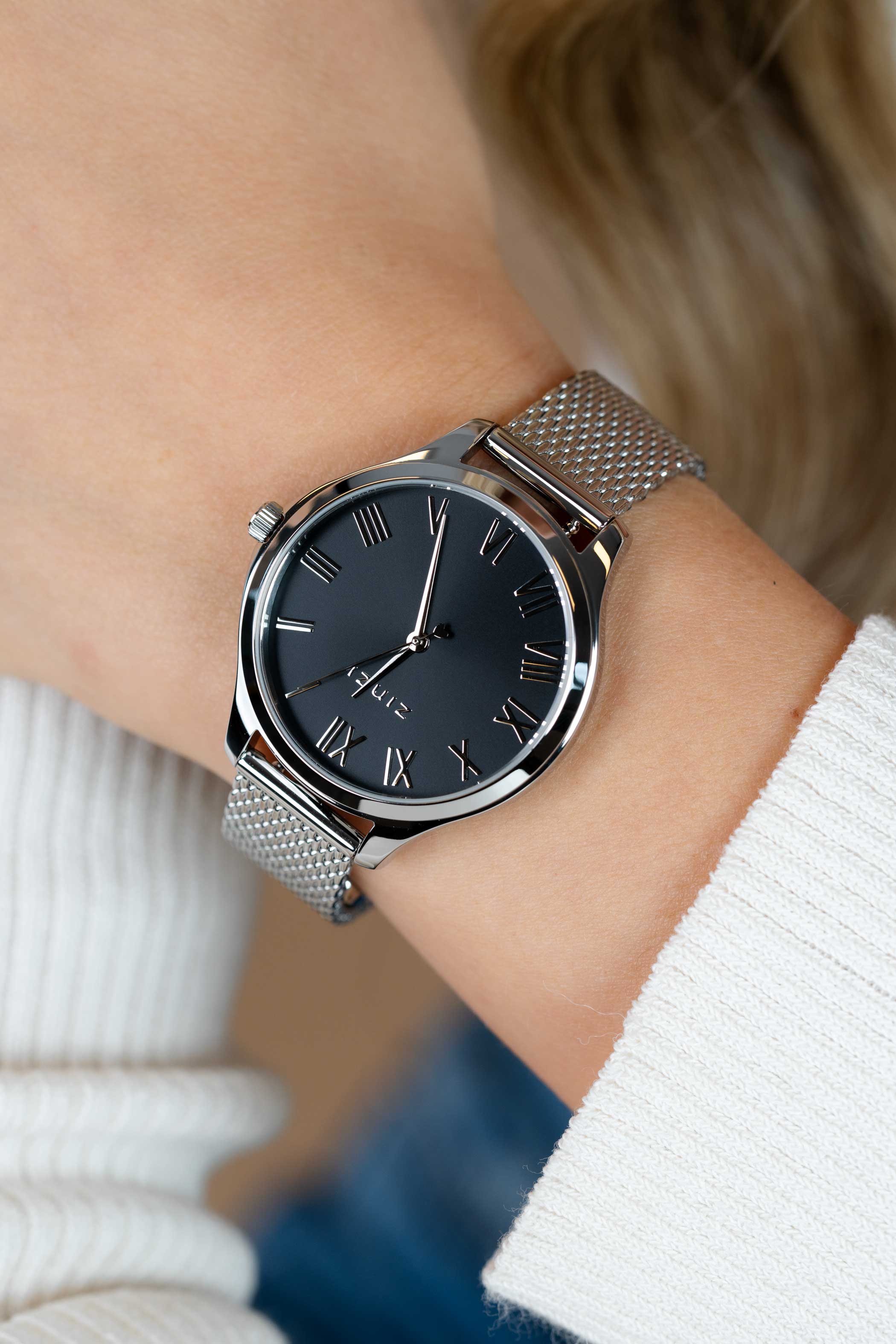 ZINZI horloge JULIA 34mm zwarte wijzerplaat romeinse cijfers stalen kast en meshband ZIW1101M
