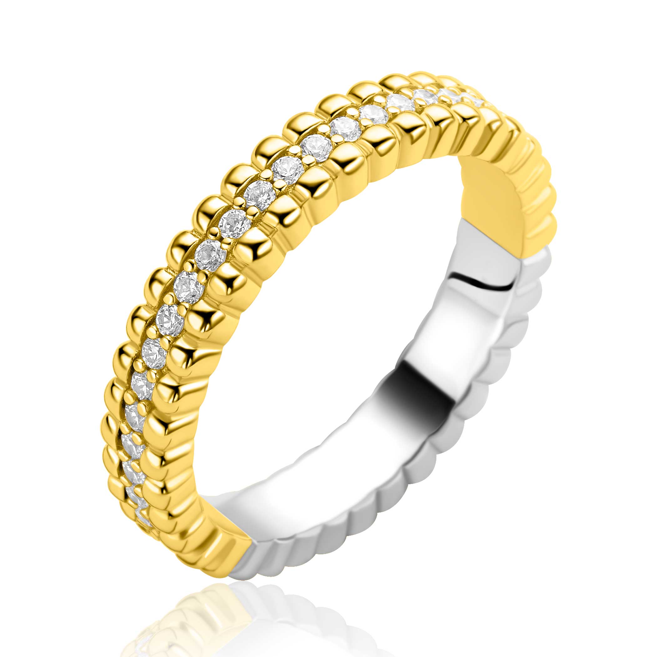 ZINZI goldplated zilveren multi look ring met speelse structuur en een rij witte zirkonia's als middenbaan ZIR2834Y