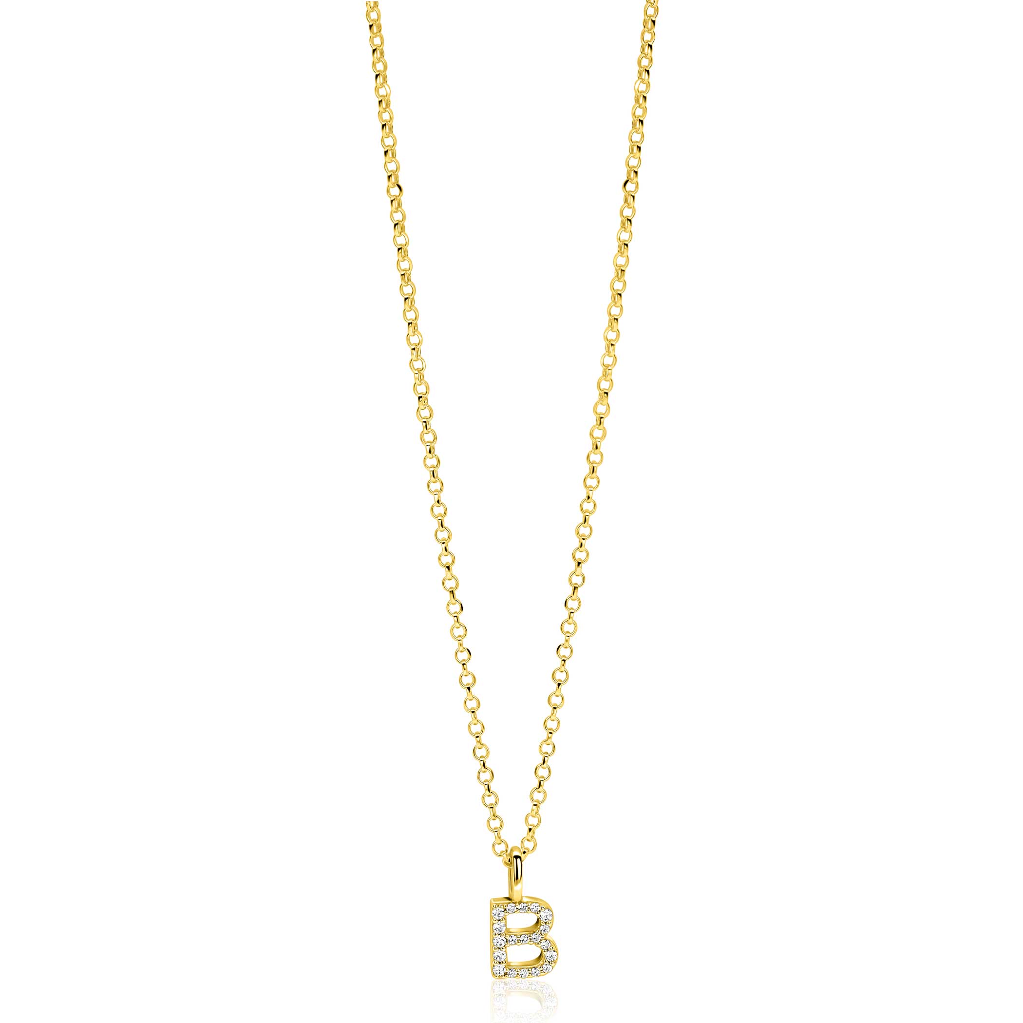 ZINZI gold plated zilveren letter hanger B bezet met witte zirkonia's ZIH2828-B (zonder ketting)