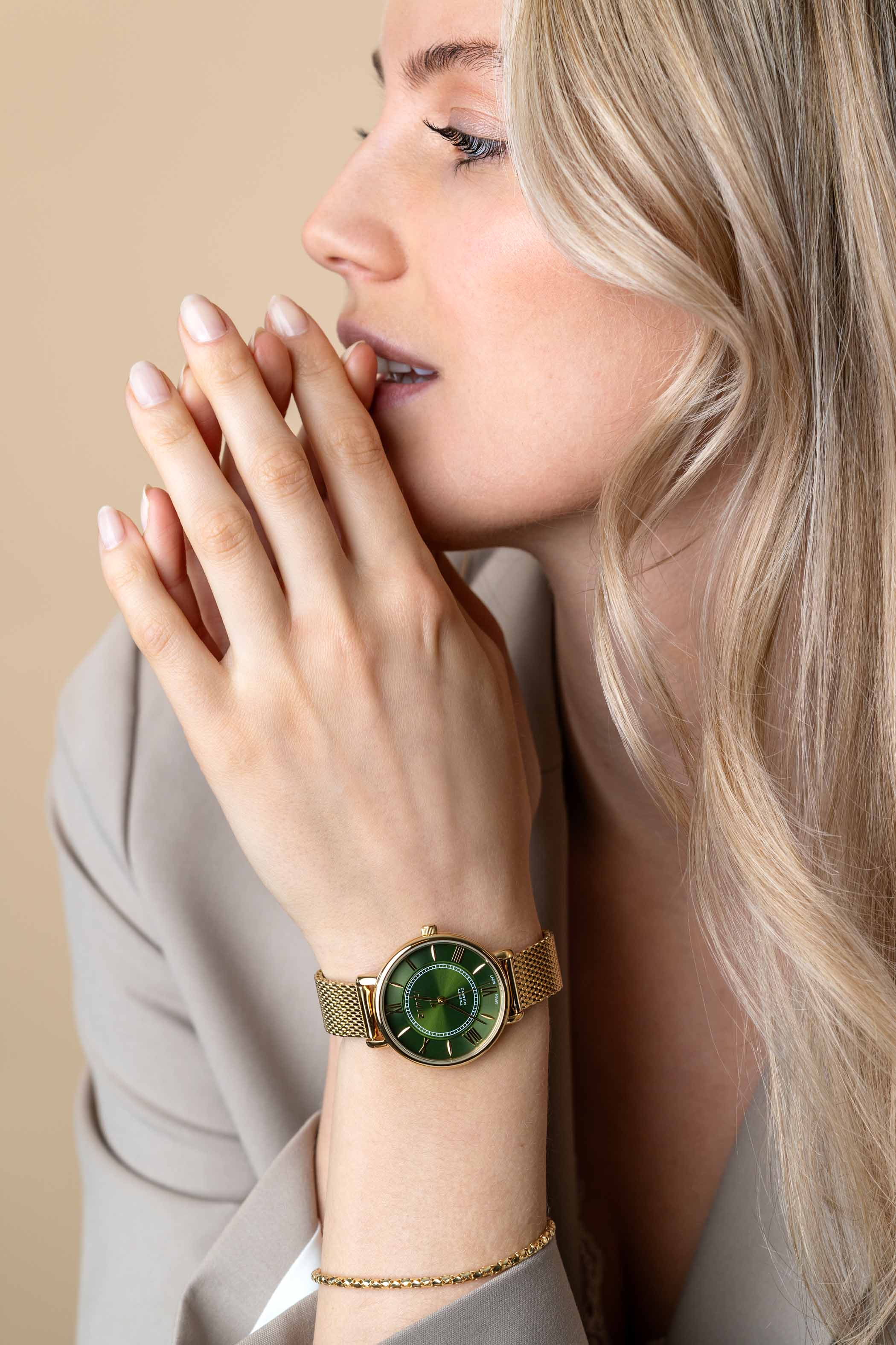 ZINZI Twenty horloge met groene wijzerplaat, geelgoudkleurige stalen kast 34mm en stalen meshband ZIW2054