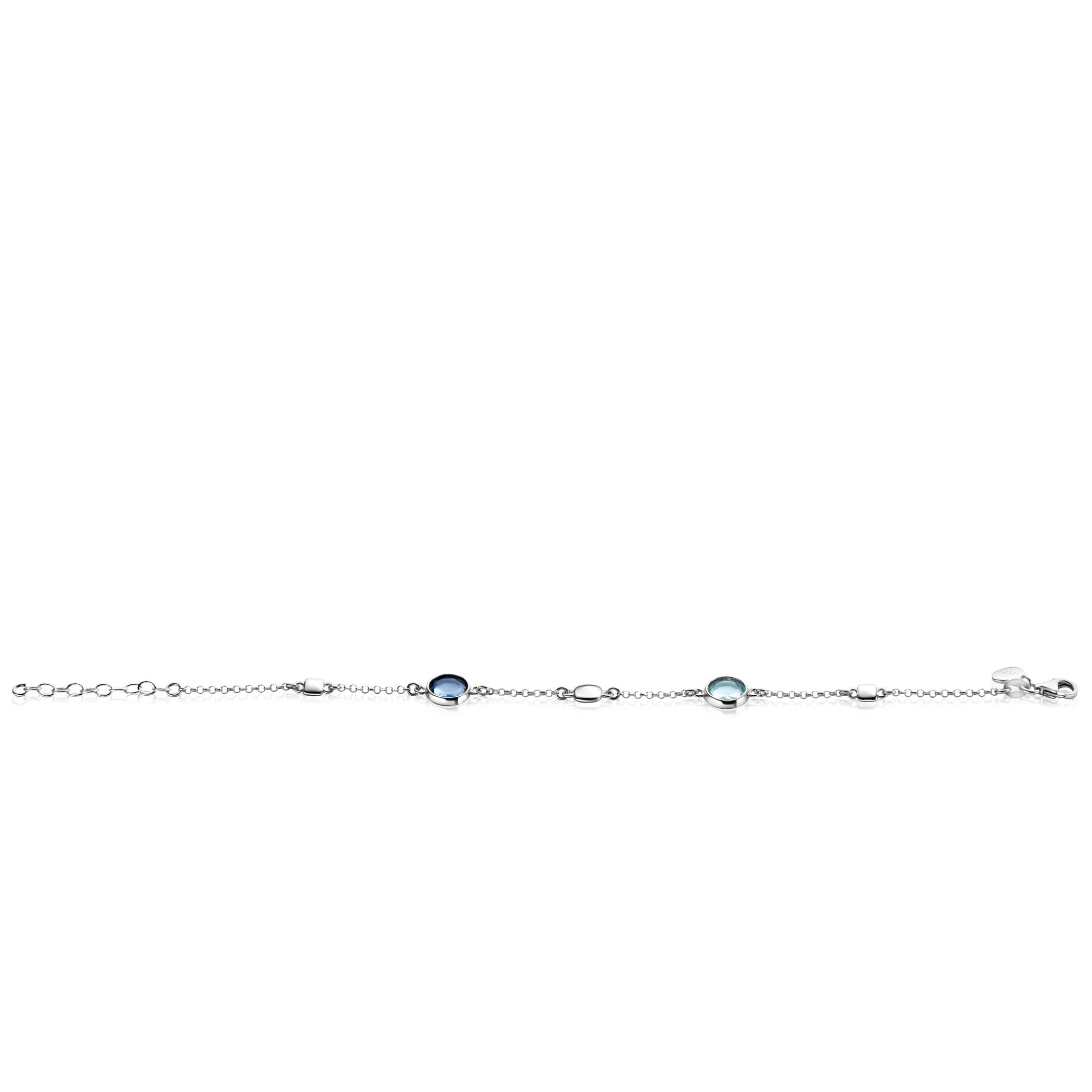 ZINZI zilveren armband met afwisselend ronde blauwe kleurstenen en gladde vierkante plaatjes 17,5-20cm ZIA-BF83