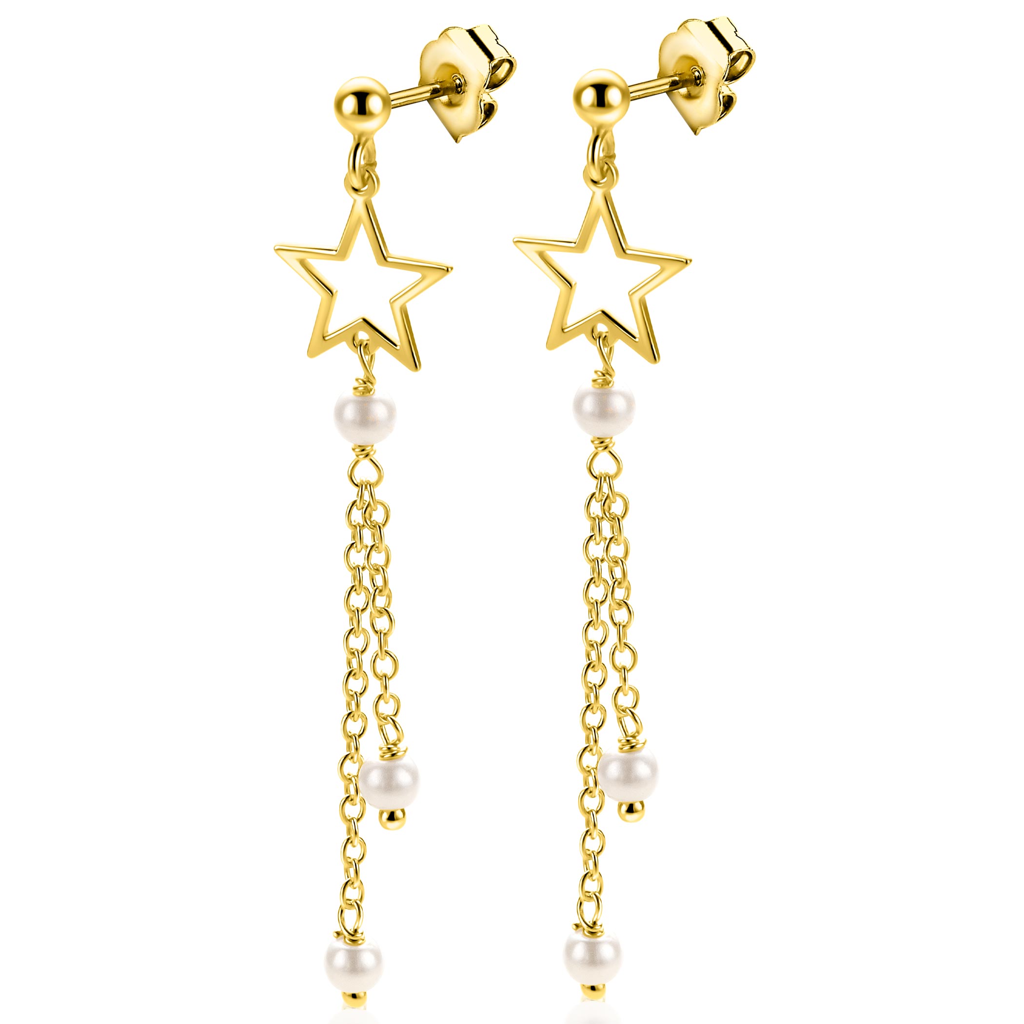 53mm ZINZI goldplated zilveren oorstekers met opengewerkte ster, hangende kettinkjes en witte parels ZIO2780
