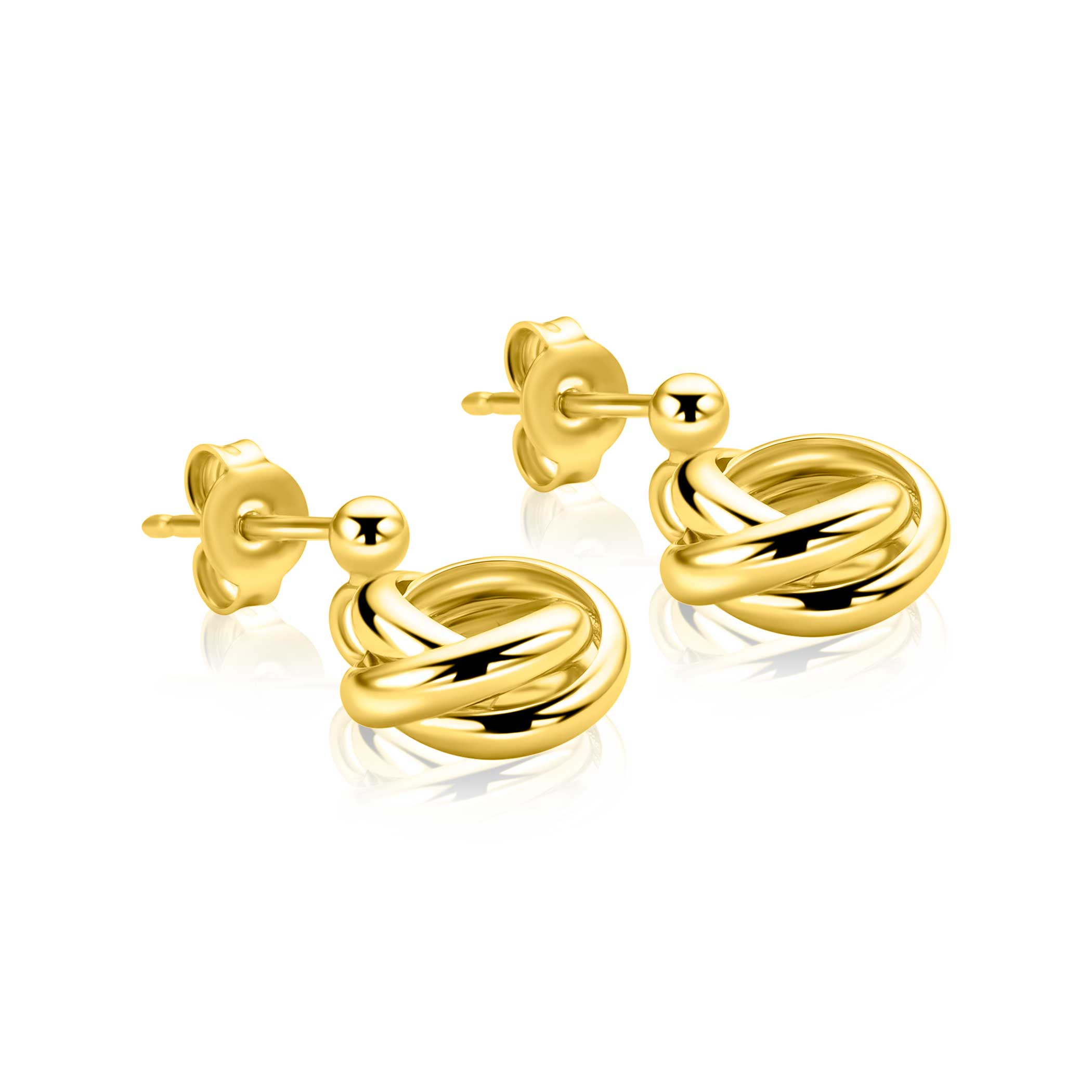 17mm ZINZI gold plated zilveren oorstekers met drie verbonden ringen (knoop-stijl) ZIO2890G