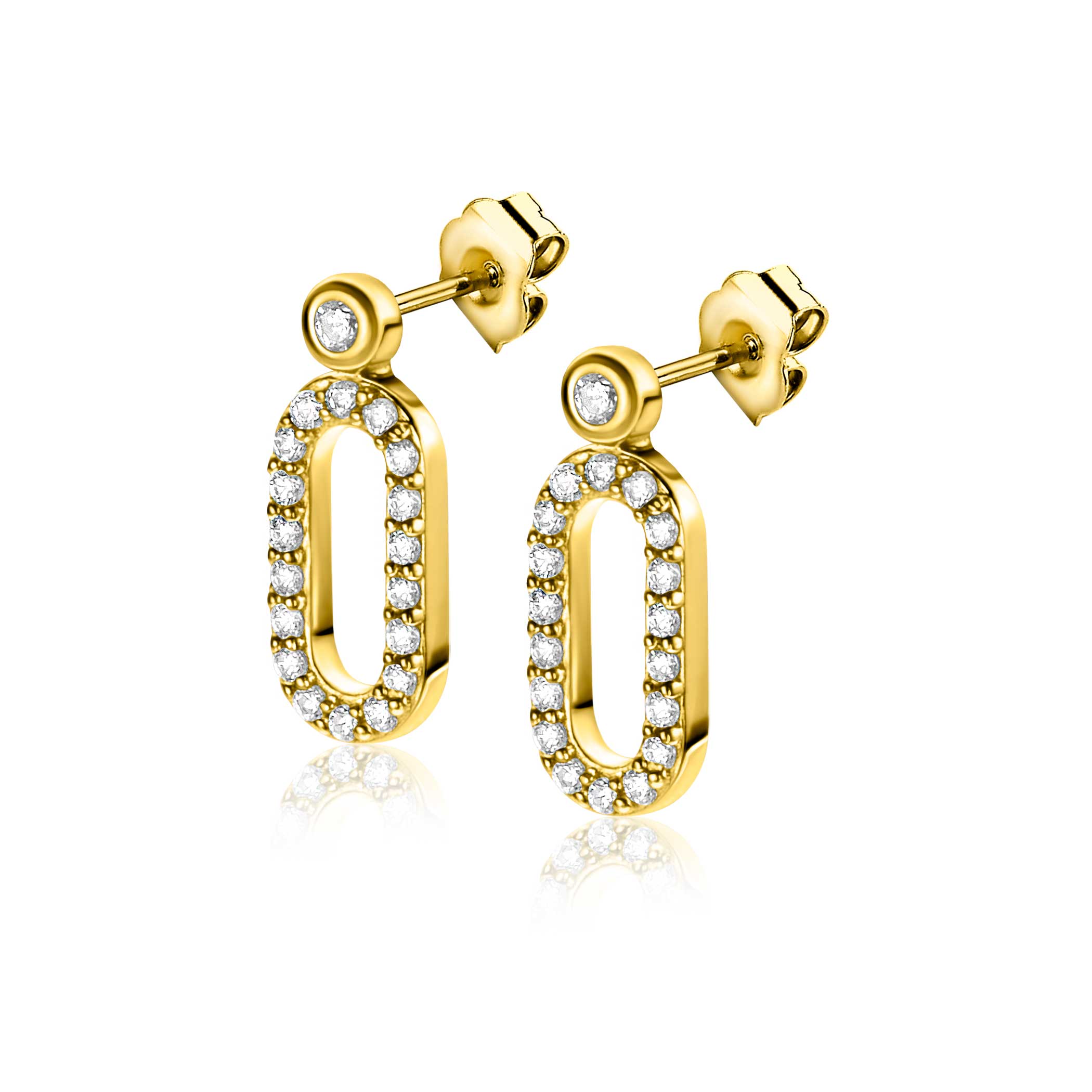 ZINZI gold plated zilveren oorstekers (13mm) met een open ovale vorm bezet met witte zirconia's ZIO2398Y