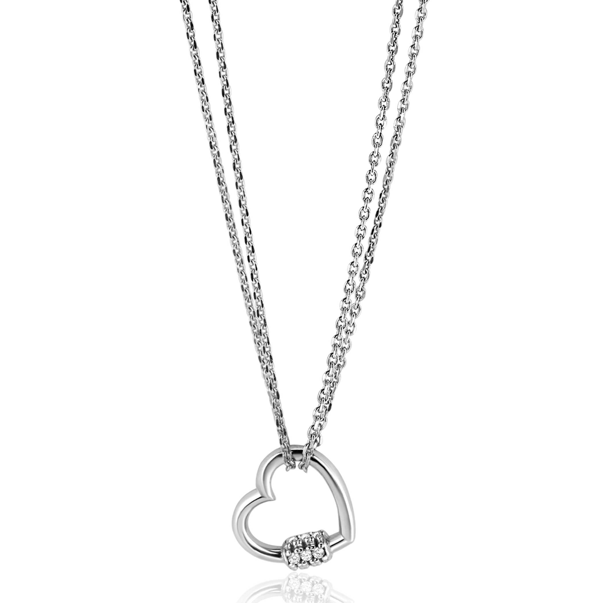 ZINZI zilveren ketting 45cm met een luxe hart van 14mm bezet met witte zirconia's, trendy aan de ketting verbonden 40-45cm ZIC2507