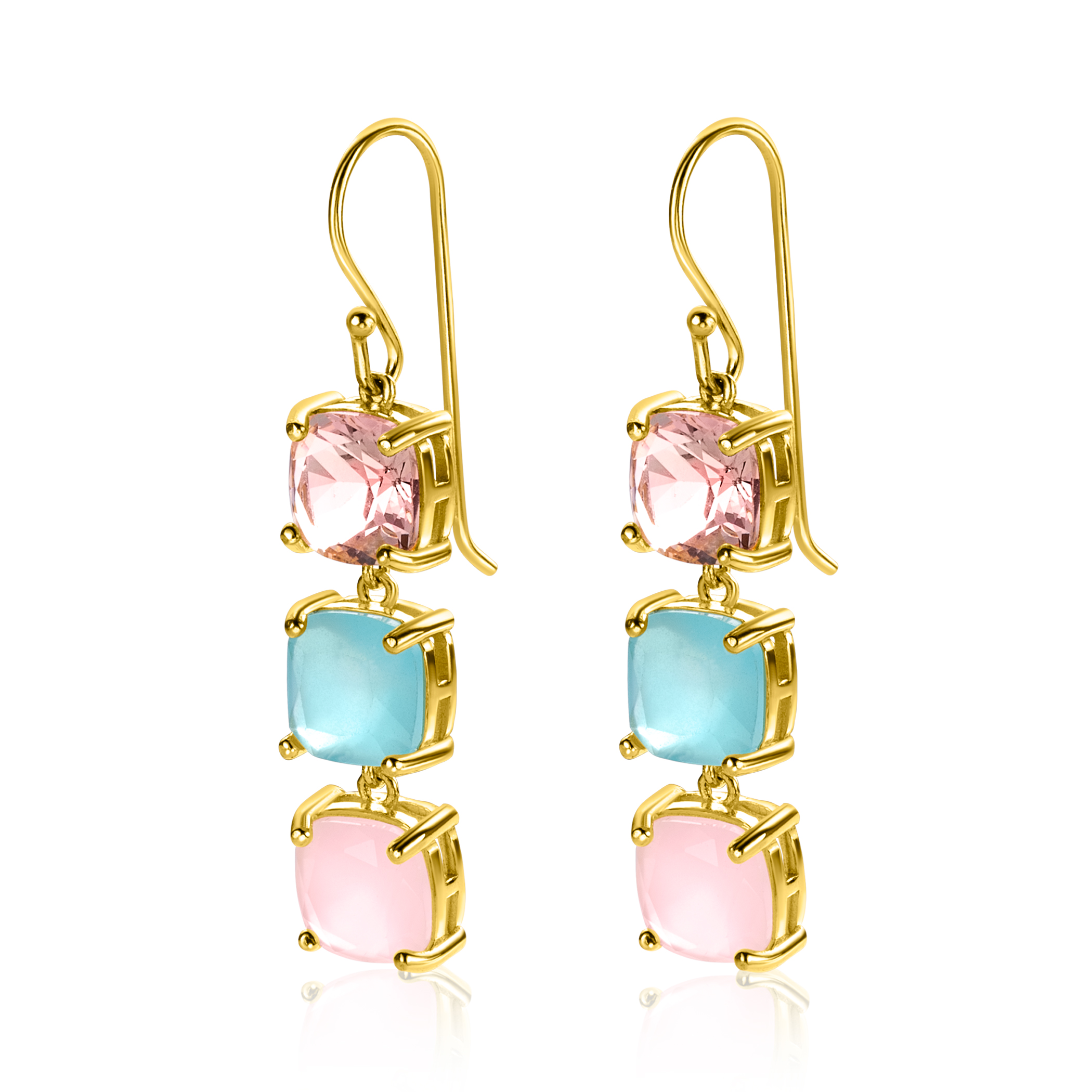 43mm ZINZI gold plated zilveren oorhangers met drie trendy vierkante kleurstenen in roze en turquoise ZIO2454