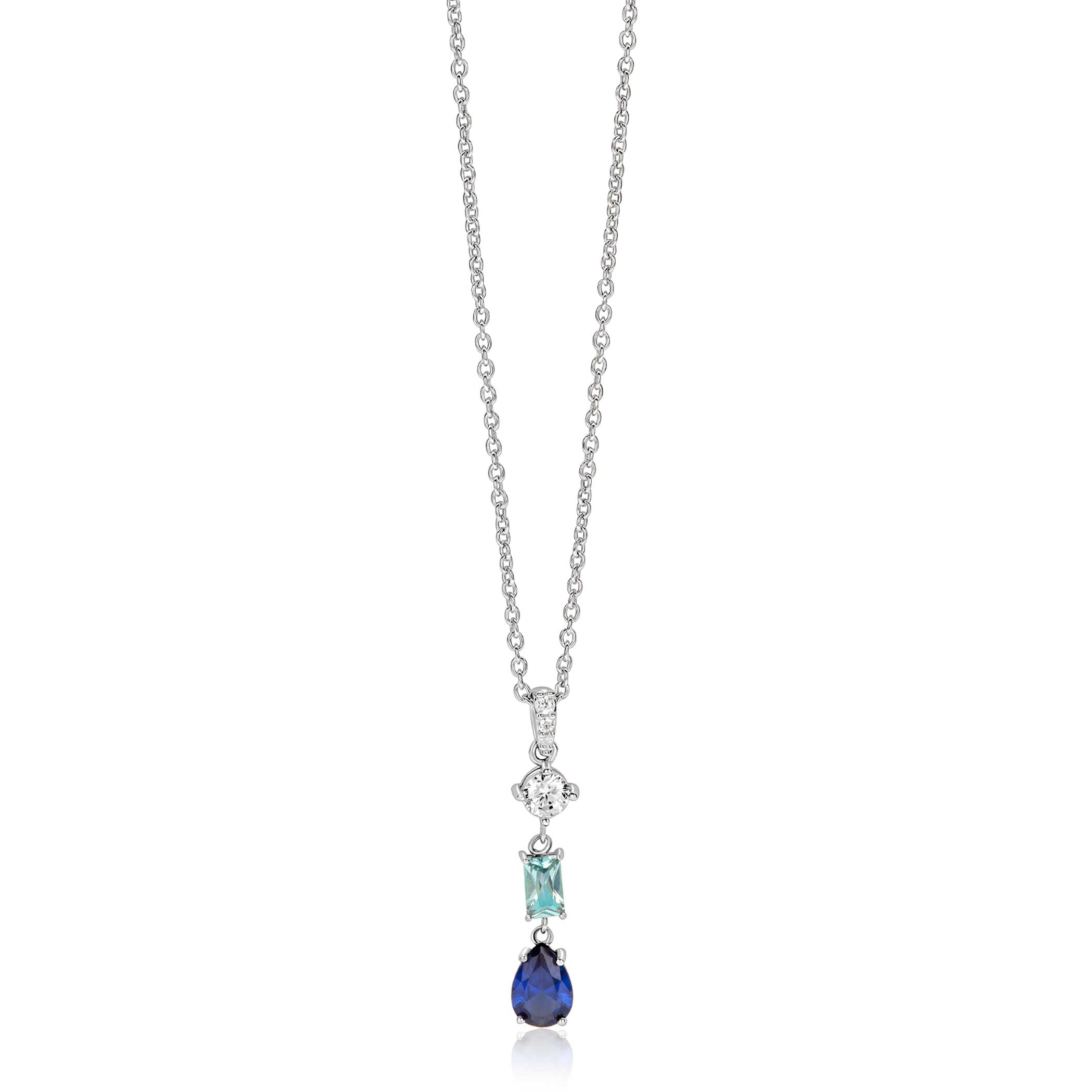 ZINZI zilveren collier 45cm met sierlijke hanger (27mm) bezet met een ronde witte zirkonia, licht aquablauwe rechthoekige kleursteen en diepblauwe peervormige kleursteen ZIC2901