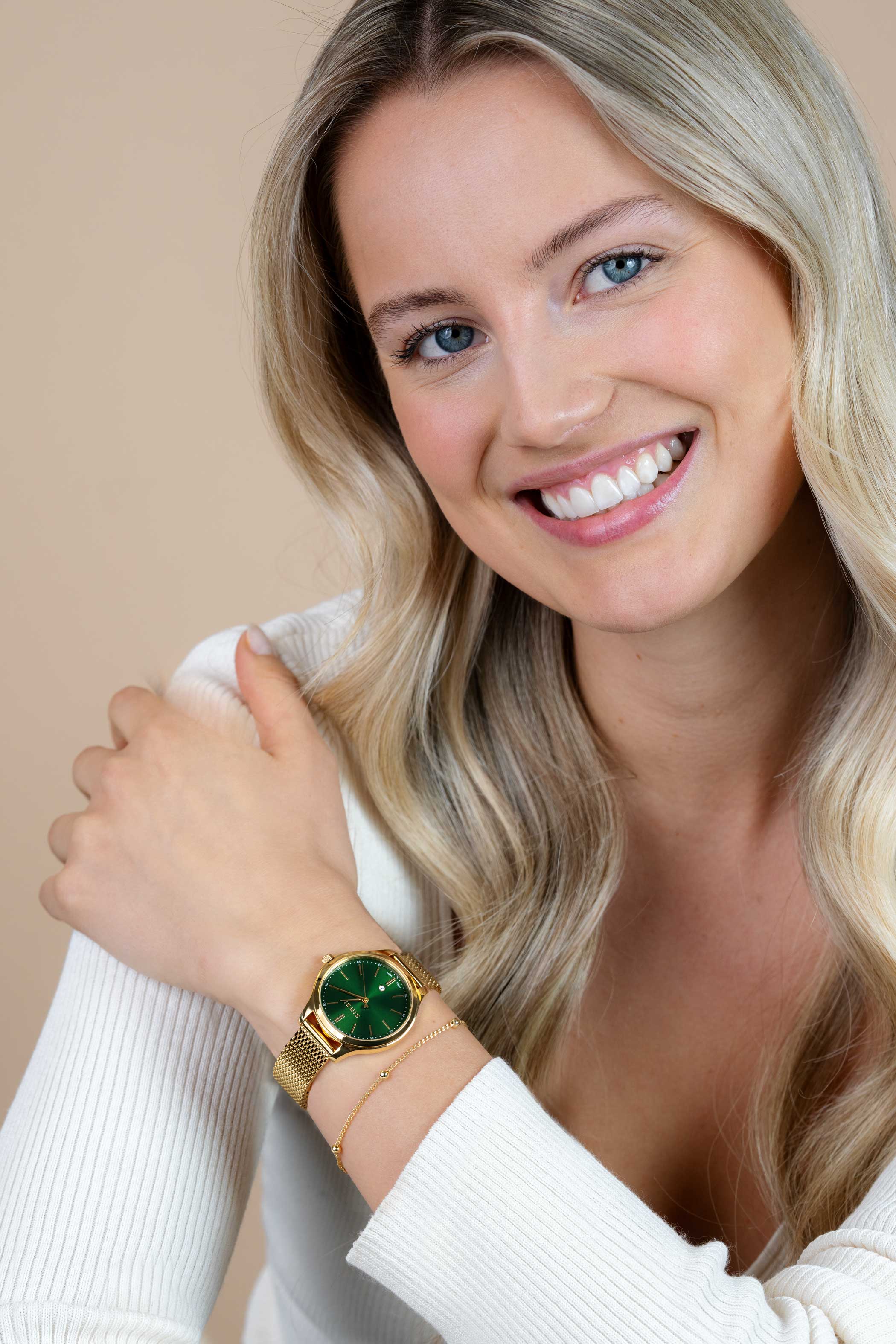 ZINZI Classy horloge 34mm groene wijzerplaat goudkleurige stalen kast en  meshband, datum ZIW1035M
