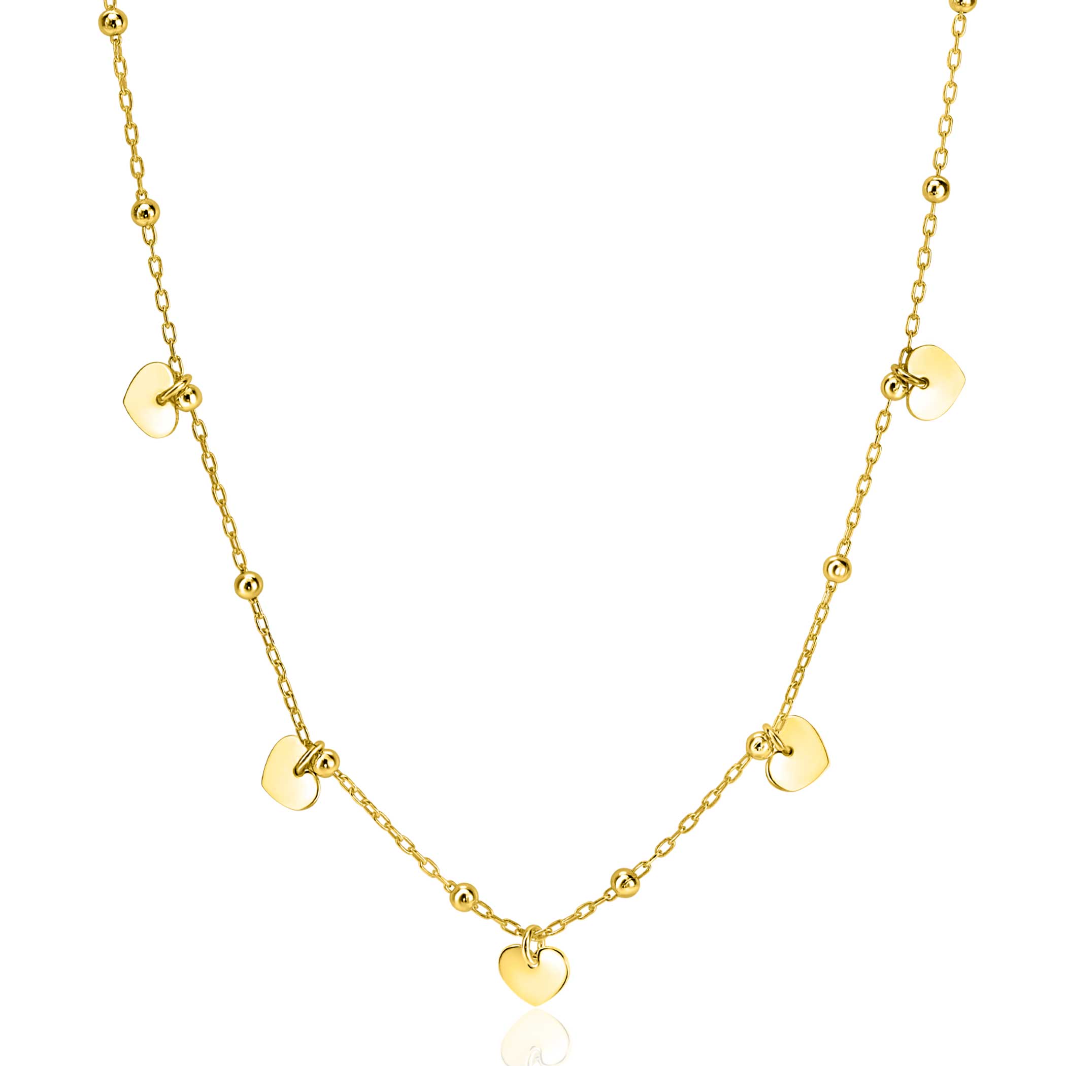 ZINZI gold plated zilveren ankerketting met kleine bolletjes en vijf gladde hartjes 42-45cm ZIC2531G