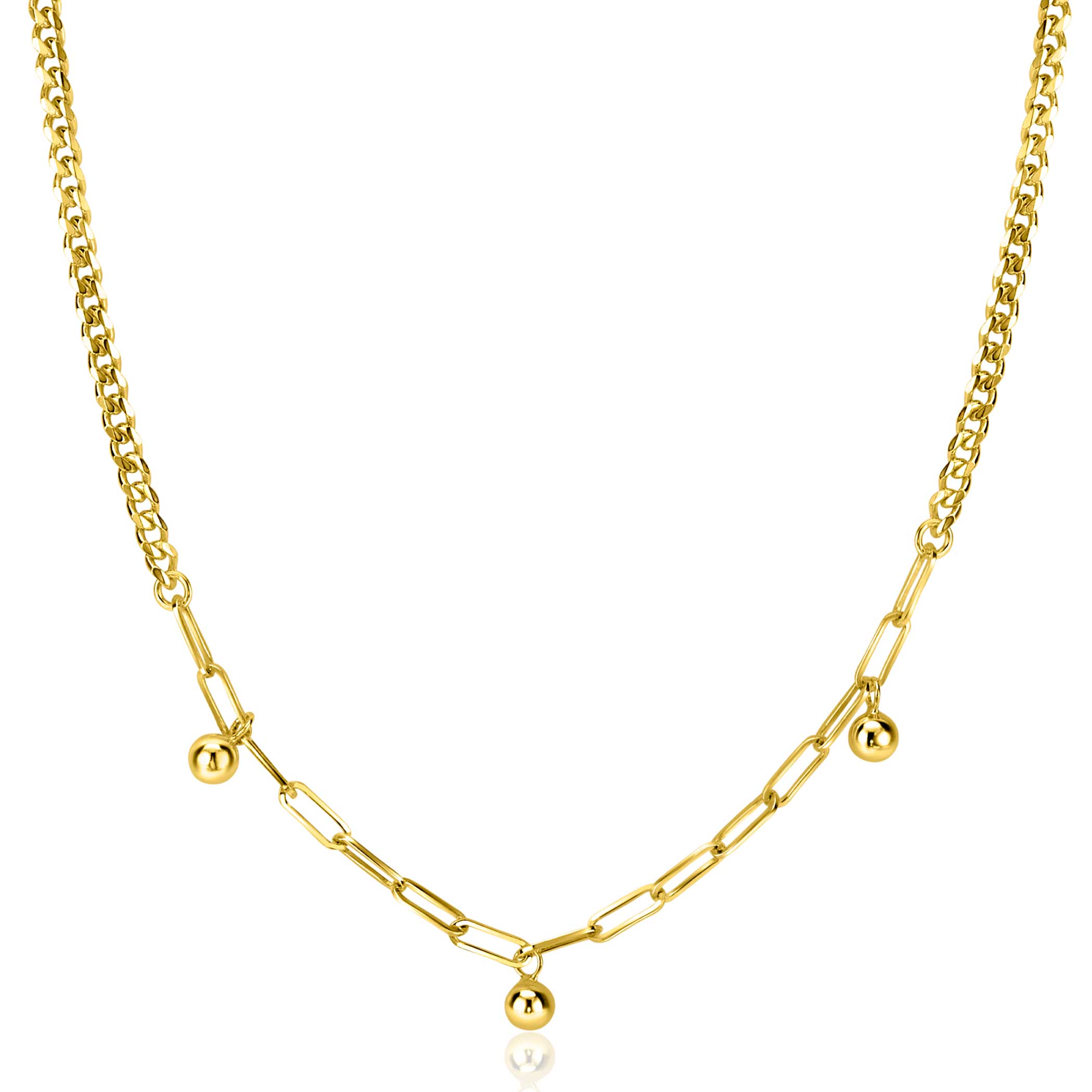 ZINZI gold plated zilveren schakelketting met gourmet en paperclip schakels en bolletjes 40-45cm ZIC2521G