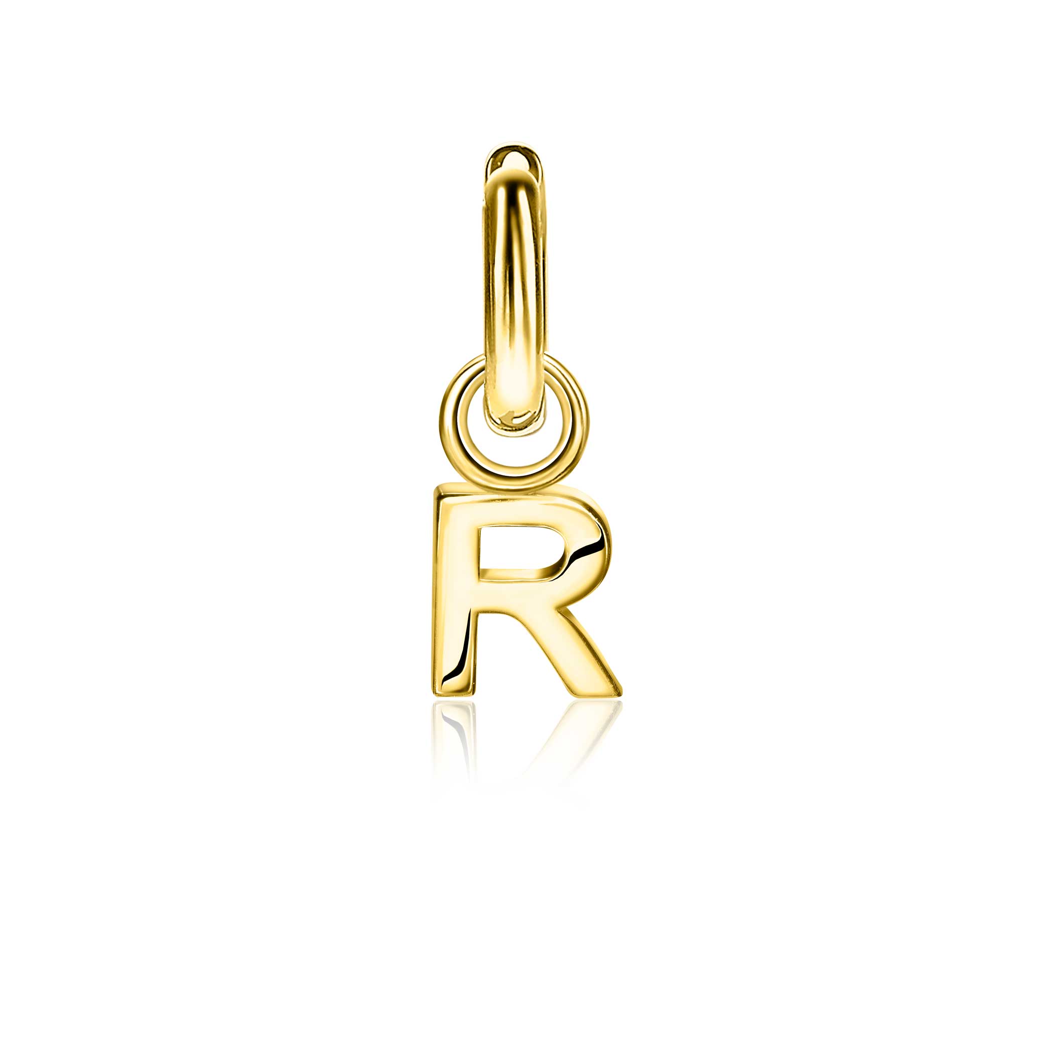ZINZI zilveren geelvergulde letter oorbedel R per stuk geprijsd ZICH2145R. (zonder oorringen).