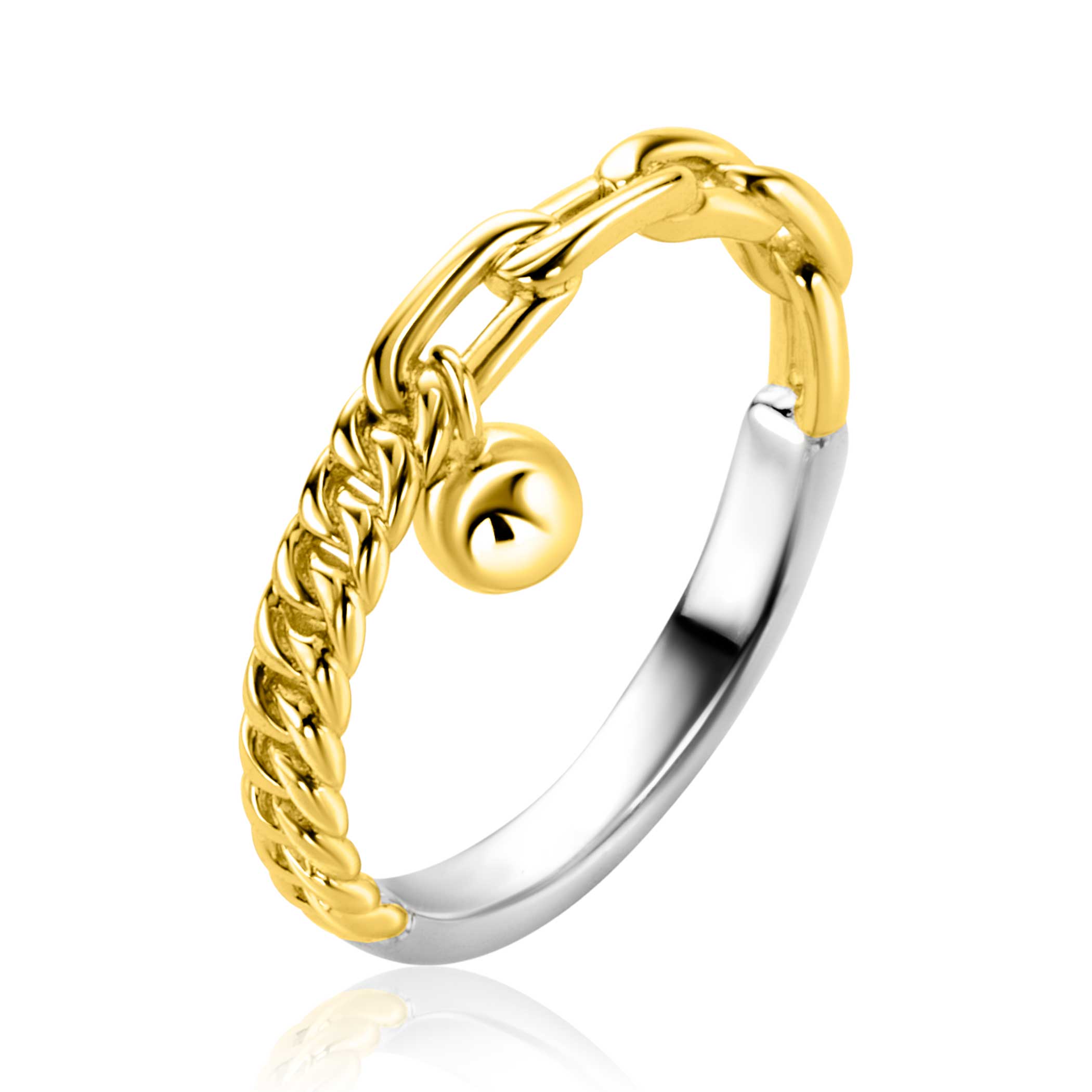 ZINZI gold plated zilveren ring met gourmet en paperclip schakel en bolletjes hanger ZIR2521G