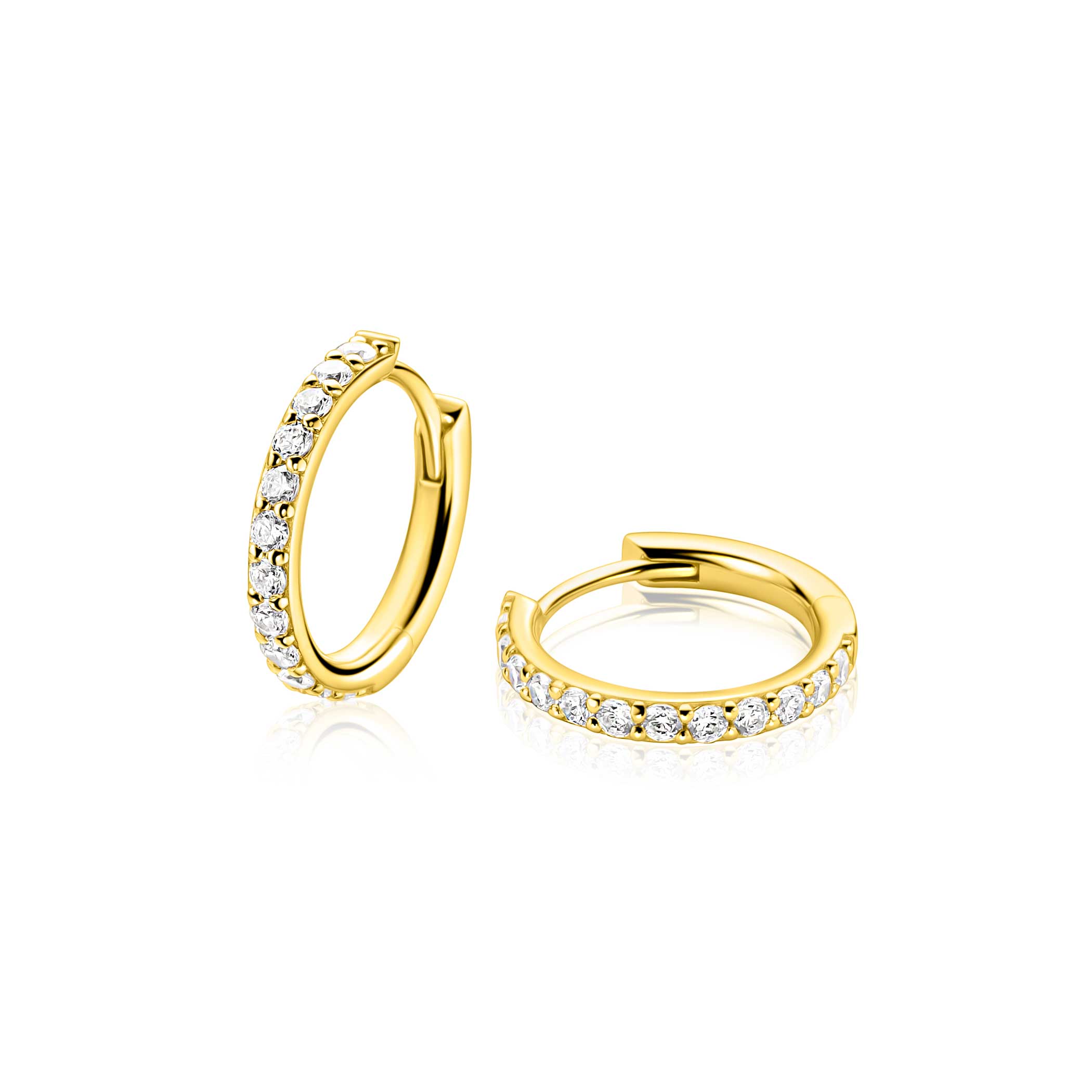 15mm ZINZI gold plated zilveren tennis oorringen bezet met een rij schitterende zirkonia’s, luxe klapsluiting ZIO2881Y