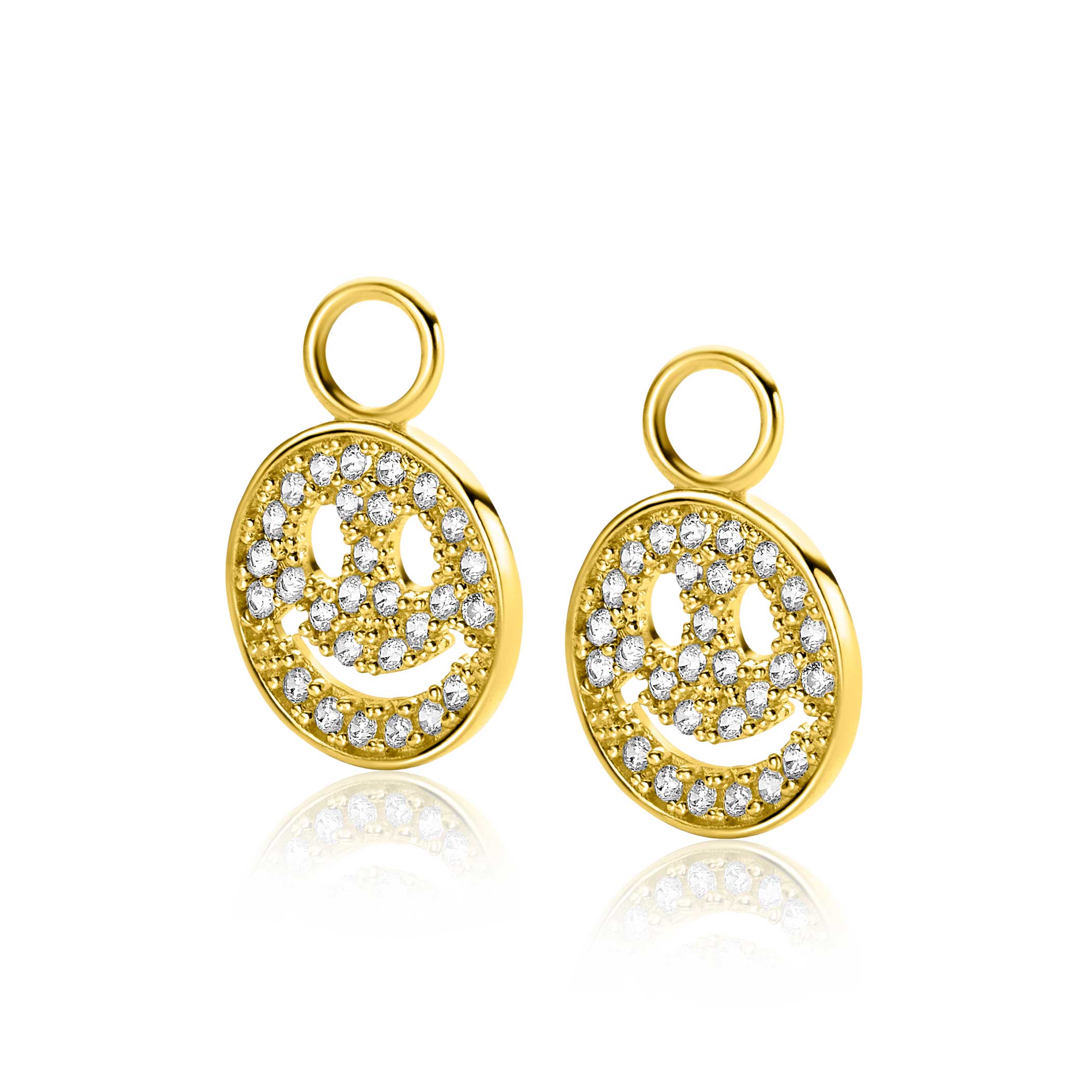 13mm ZINZI gold plated zilveren oorbedels smiley rond met witte zirconia's ZICH2313Y (zonder oorringen)