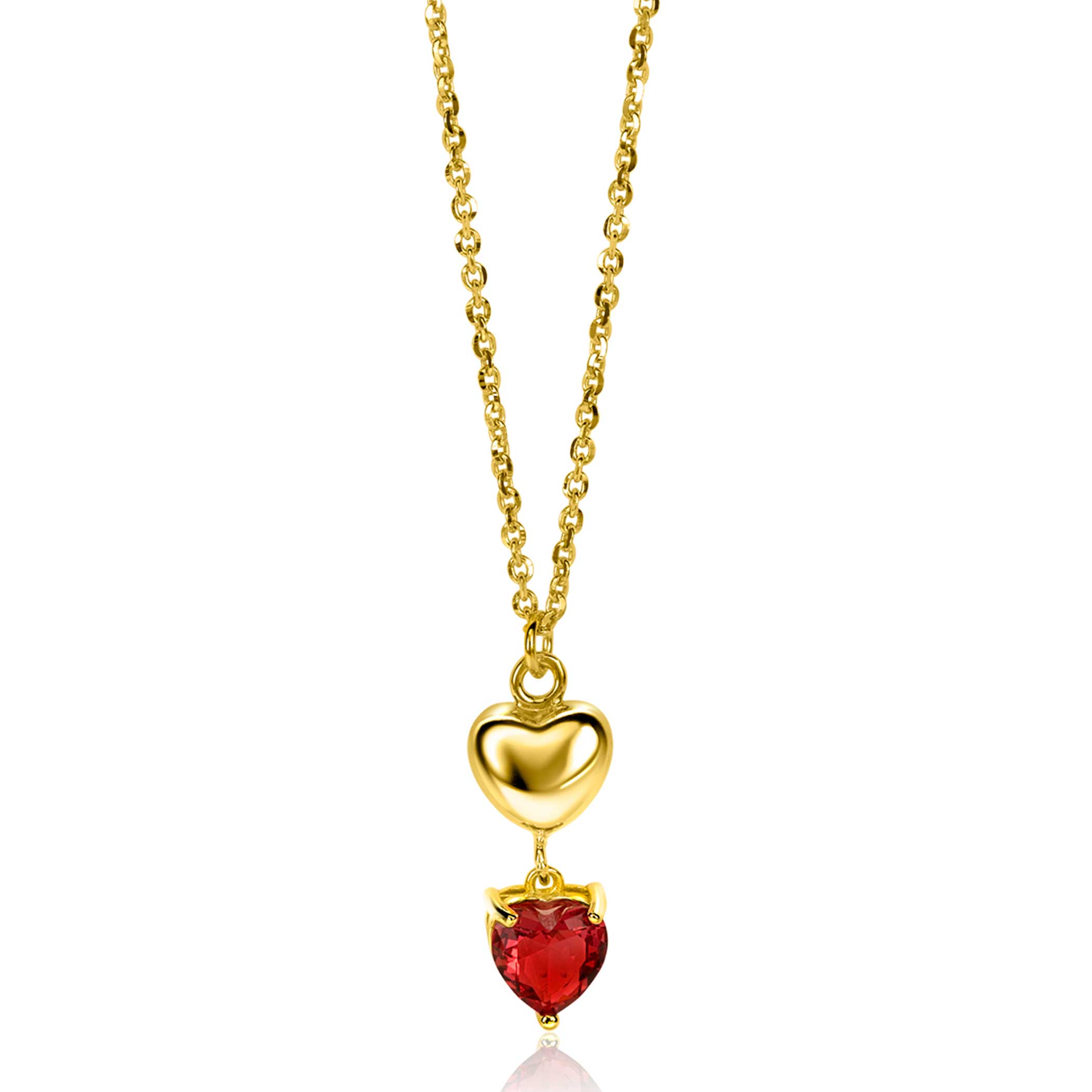 ZINZI gold plated zilveren schakel ketting met liefdevolle harten, glanzend en bezet met rode kleursteen 42-45cm ZIC-BF94
