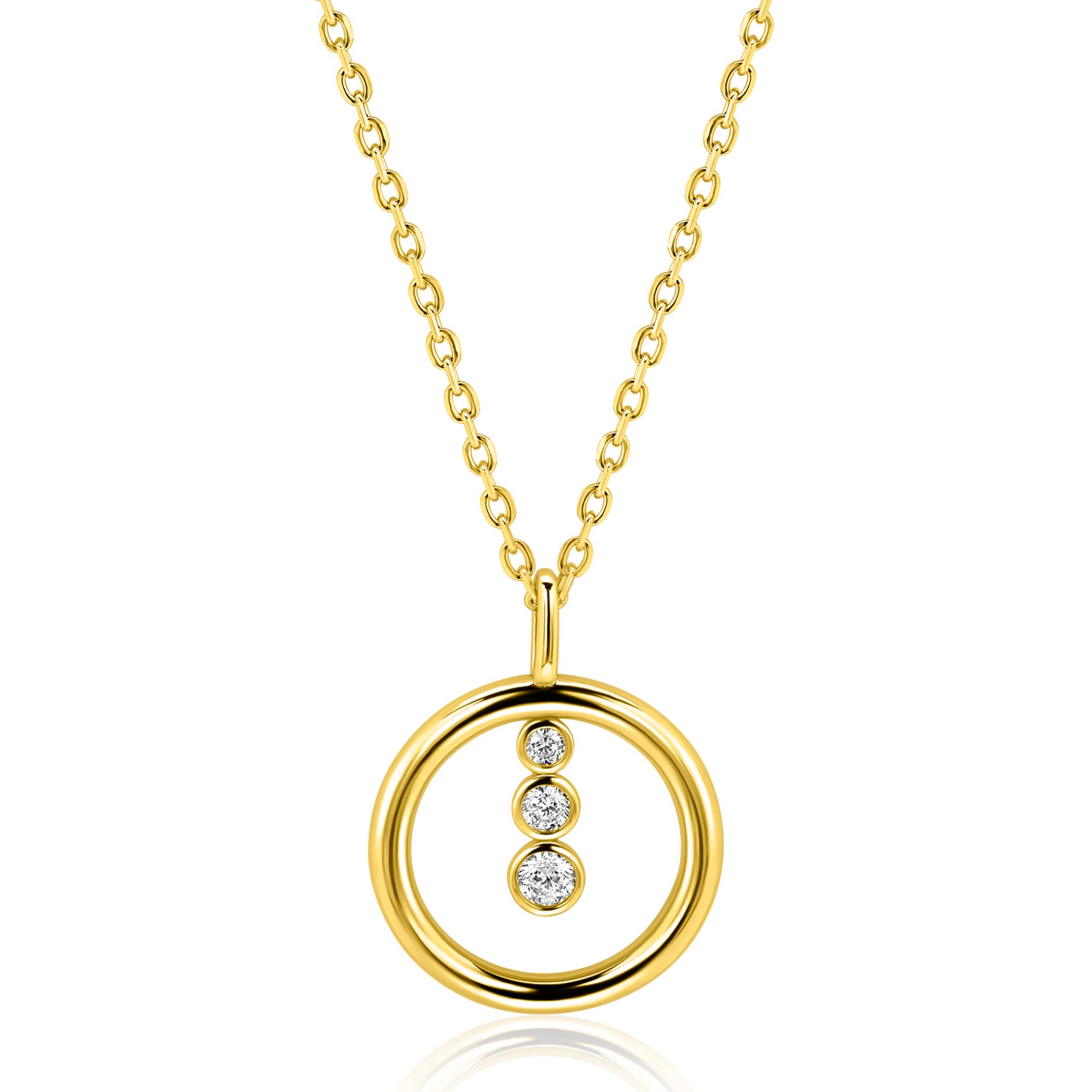 ZINZI gold plated zilveren ketting 45cm met ronde hanger en drie fonkelende witte zirkonia's ZIC2820Y