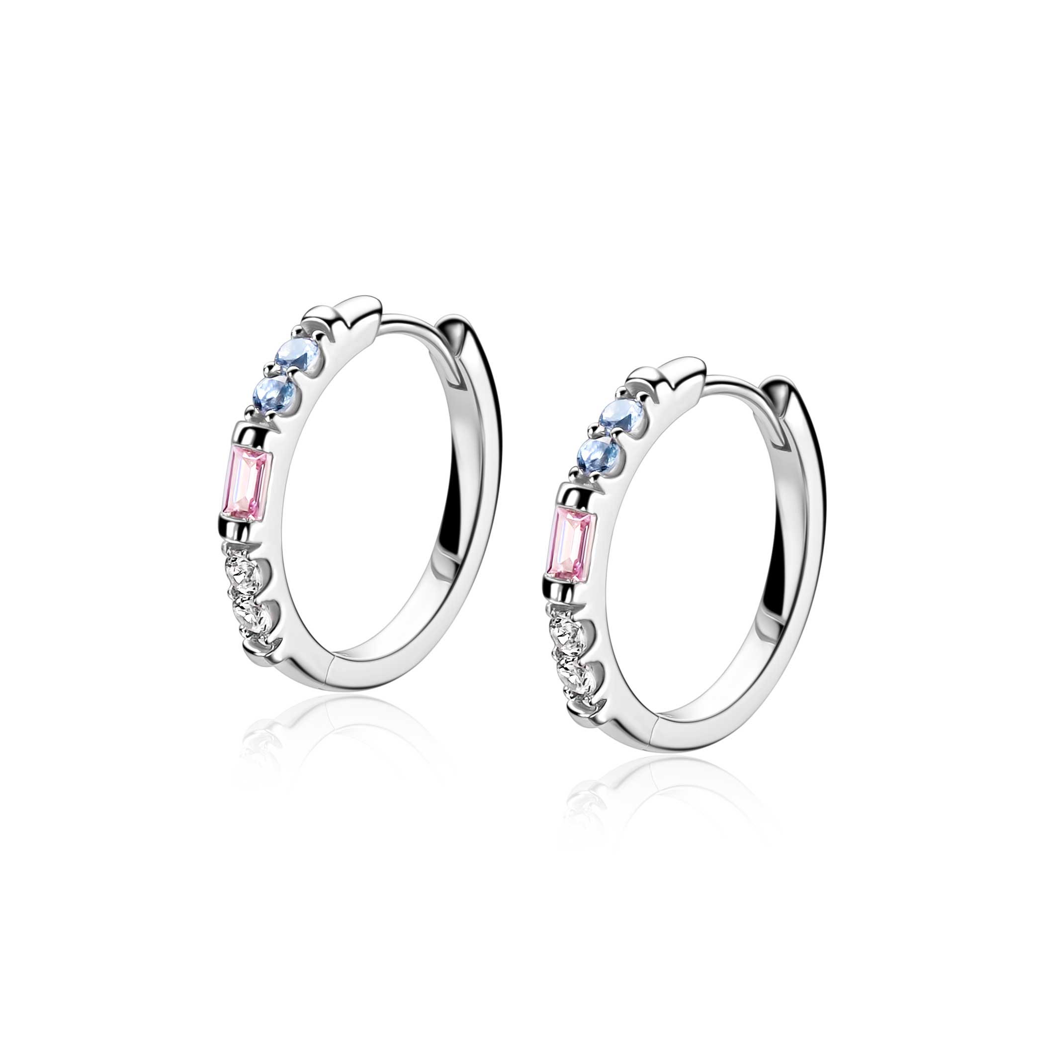 19mm ZINZI zilveren oorringen bezet met witte, roze en lichtblauwe kleurstenen, luxe klapsluiting ZIO2868