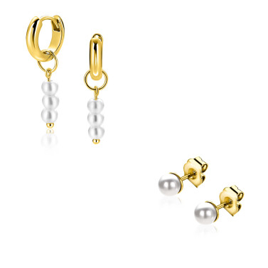 Giftset: Twee paar goldplated zilveren oorsieraden met witte parels, perfect op elkaar afgestemd in één stijlvolle set (ZICH2734Y,ZIO194G en ZIO1318Y) GIFTSET17