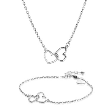 Giftset: Zilveren armband met twee verbonden hartjes en bijpassende zilveren ketting. Een complete look in één giftset GIFTSET2513