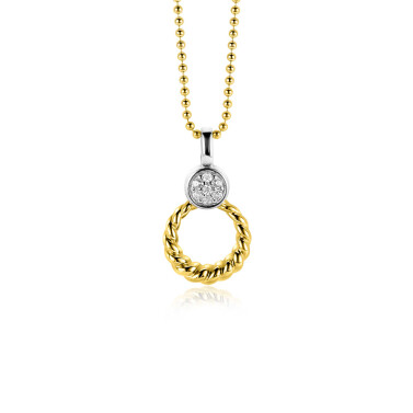 ZINZI zilveren bicolor ronde hanger 20mm gedraaid motief, bezet met witte zirconia's ZIH2390Y (zonder collier)