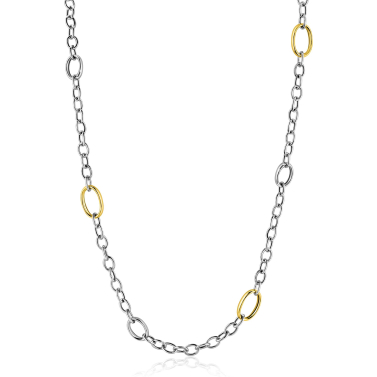 ZINZI bicolor zilveren schakelketting 70cm met drie ovale goldplated schakels ZIC2785