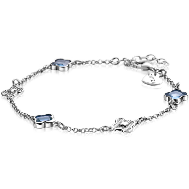 ZINZI zilveren schakel armband met twee zilveren en drie blauwe klavers 16-19cm ZIA2582

