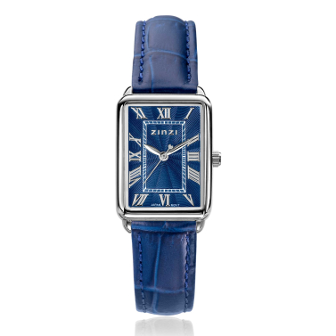 ZINZI Elegance horloge blauwe wijzerplaat en rechthoekige stalen kast met blauwe leren band 28mm extra dun ZIW1955B
