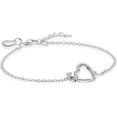 ZINZI zilveren armband met twee sierlijke harten die met elkaar verbonden zijn, ook bezet met witte zirkonia's 17-20cm ZIA2874